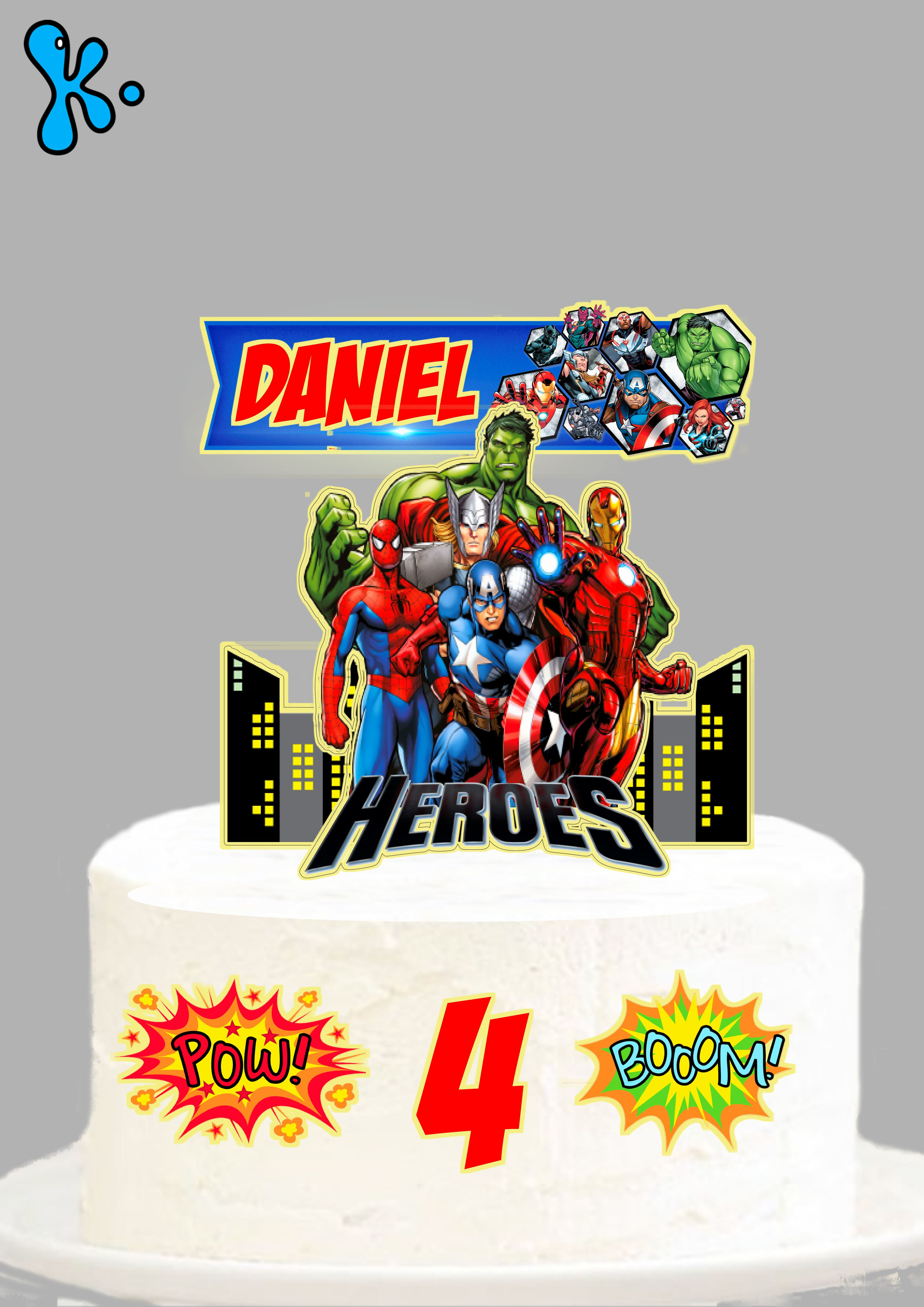 Topo de bolo Super-Heróis com nome Daniel e idade 4