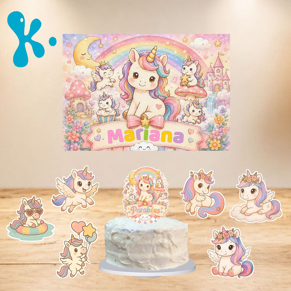 Kit de festa unicórnio kawaii com arco-íris, castelo encantado e decoração personalizada para aniversário.
