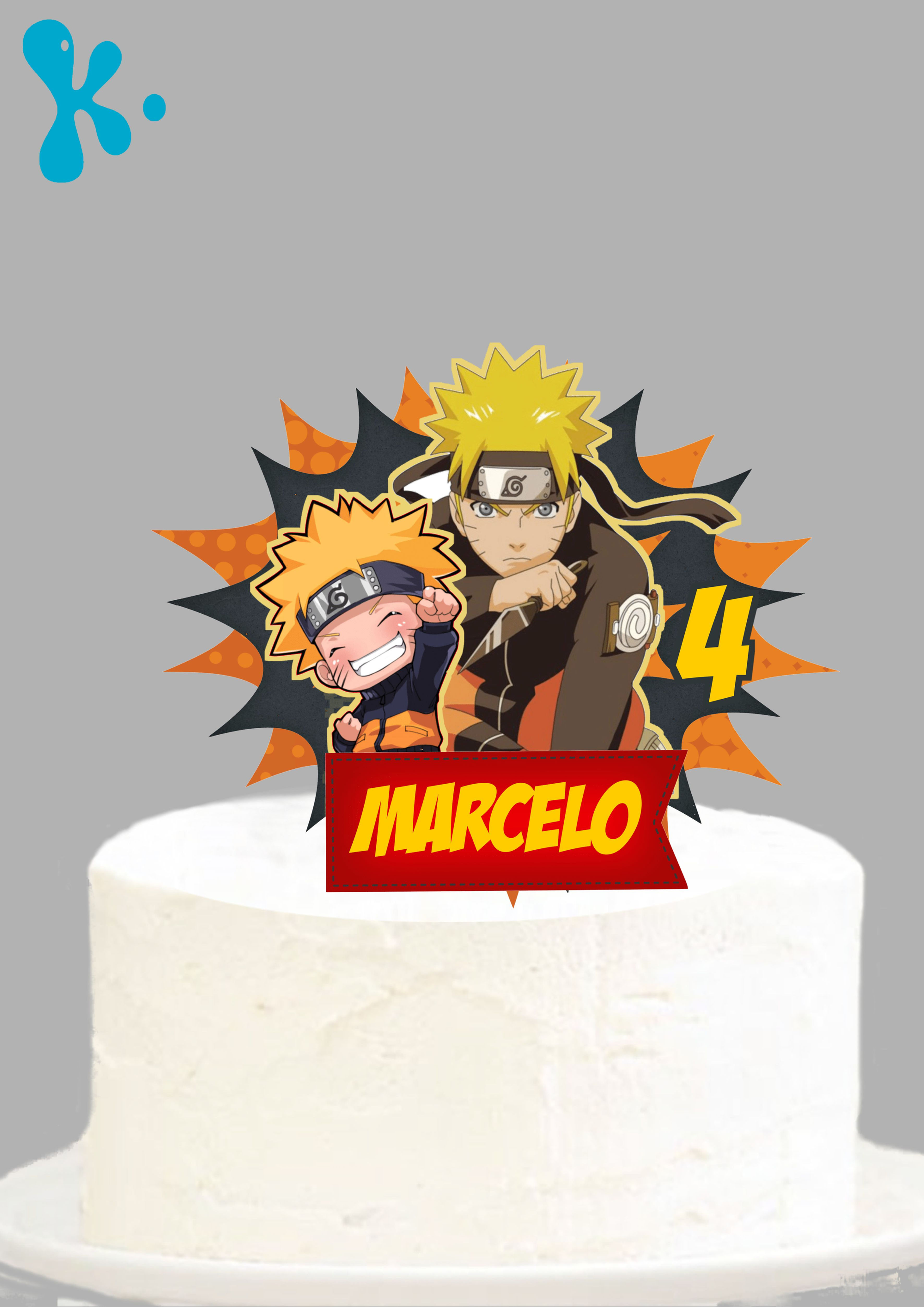 Topo de bolo Naruto personalizado com nome e idade para festa temática anime.