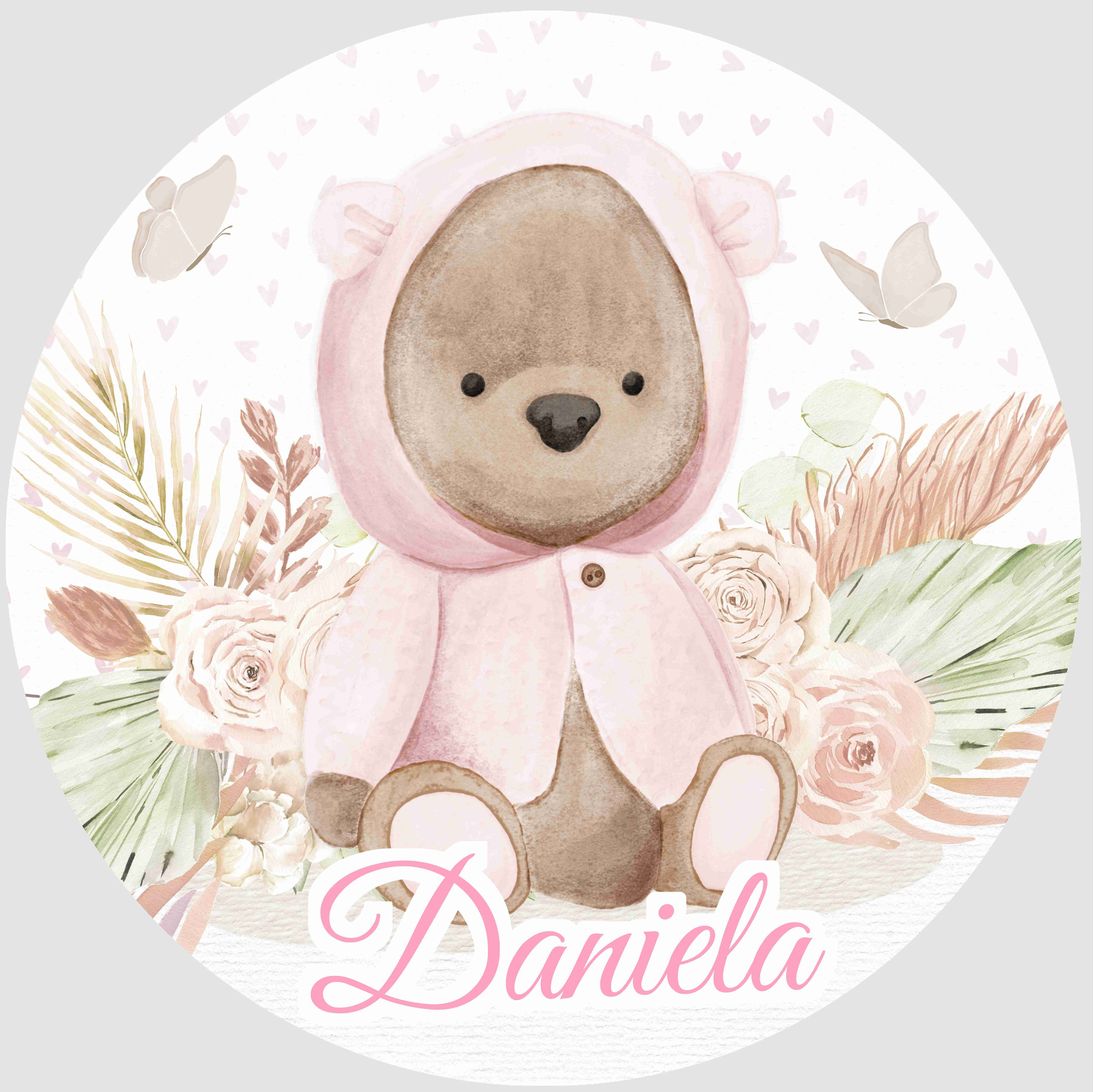 Painel redondo infantil com ursinha em tons pastel, flores delicadas, folhas suaves e nome personalizado. Menina