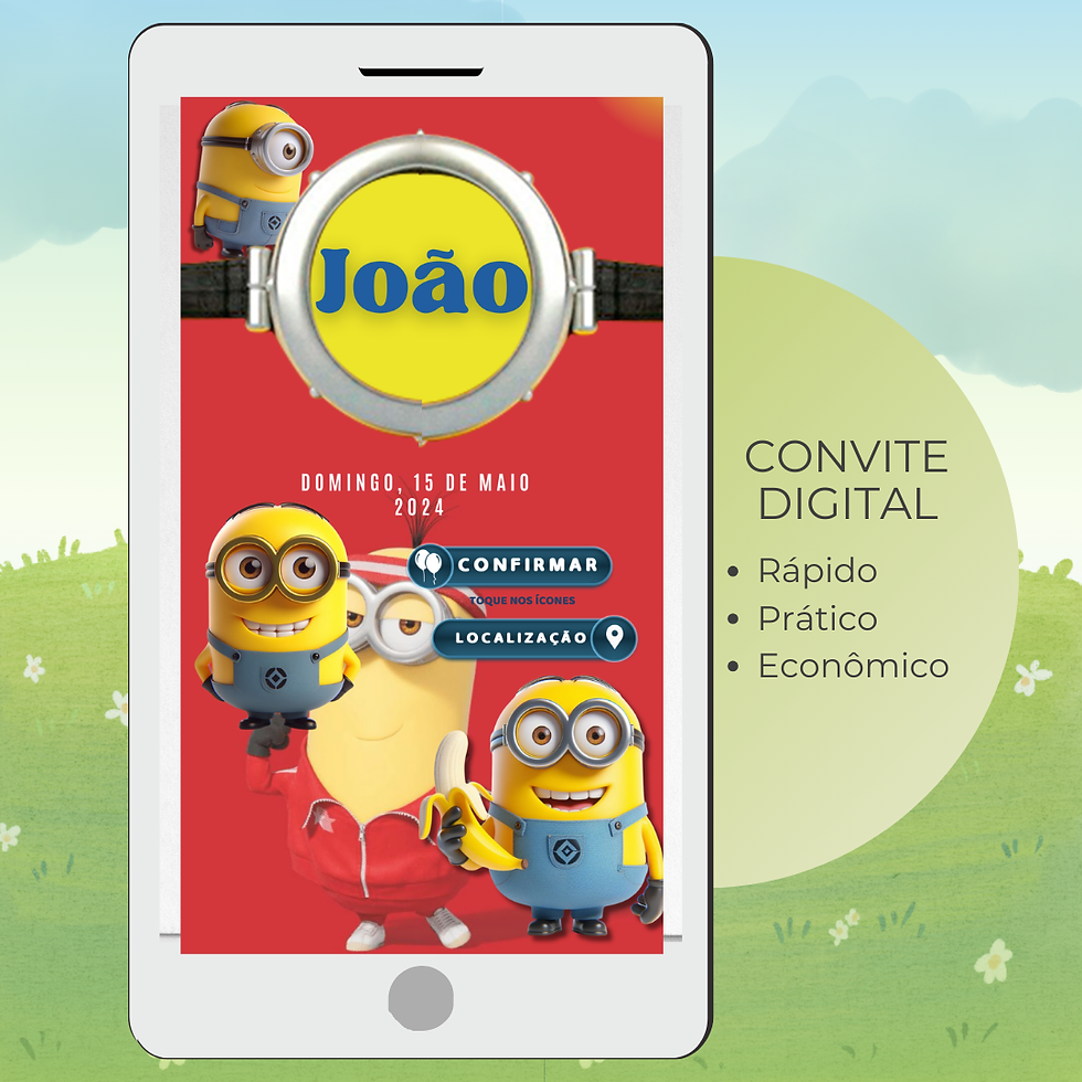 Convite Interativo Minions com fundo vermelho, nome personalizado, personagens animados e botões clicáveis para confirmação