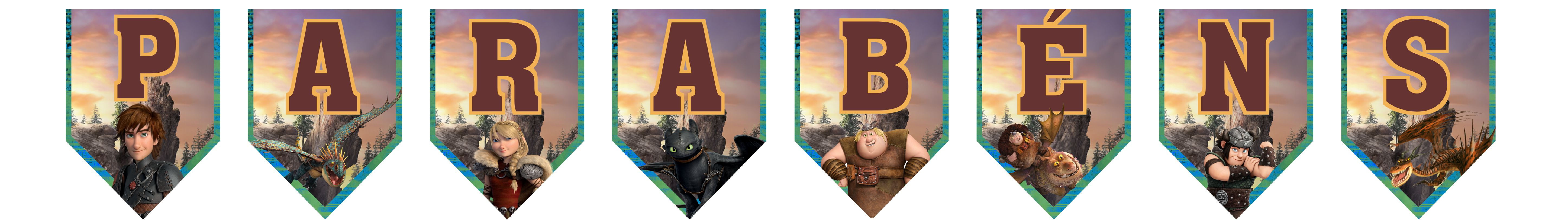 Bandeirolas Parabéns tema Como Treinares o Teu Dragão com personagens e dragões para festa infantil