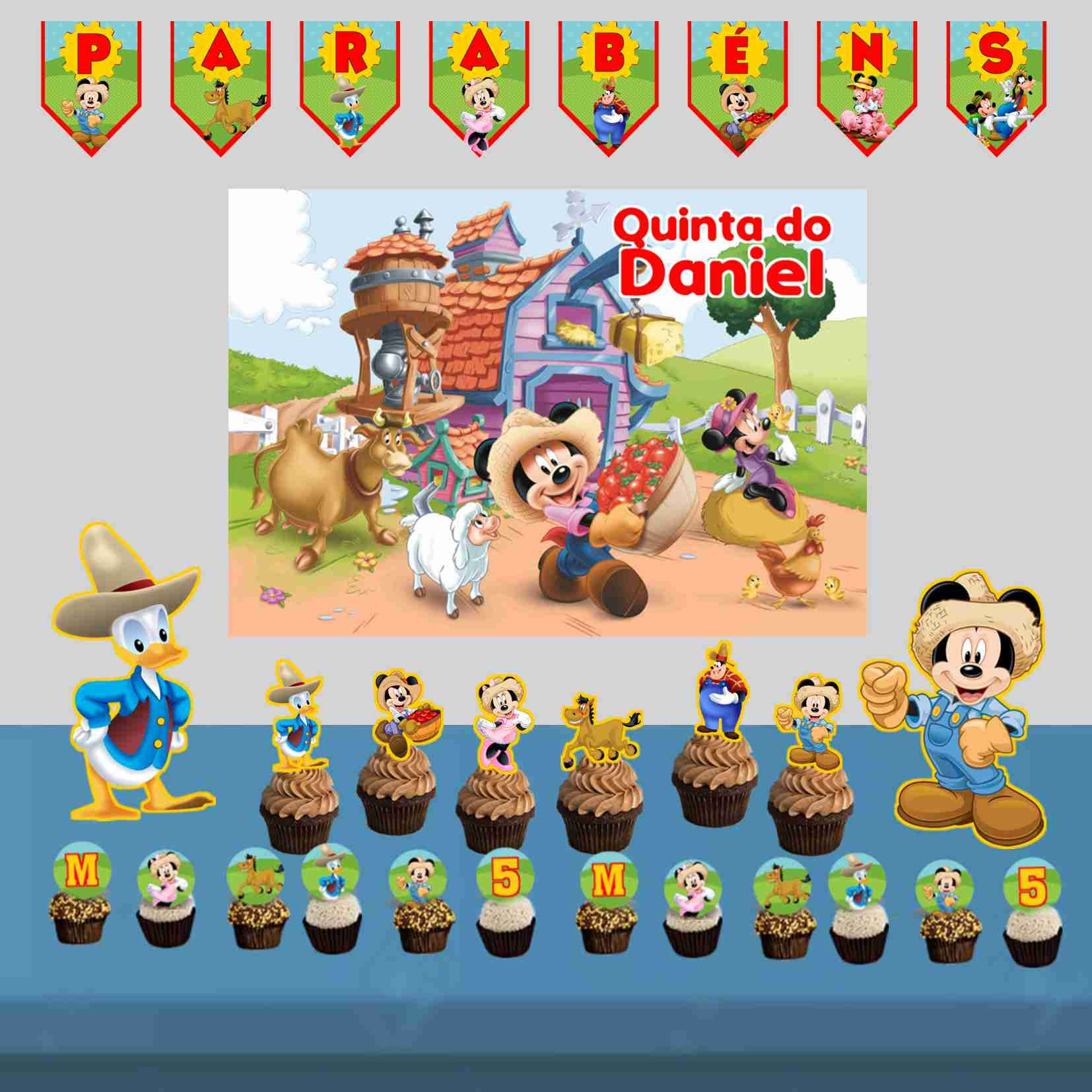 Kit descartável de decoração temática para festa de aniversário infantil da Quinta do Mickey e do Donald