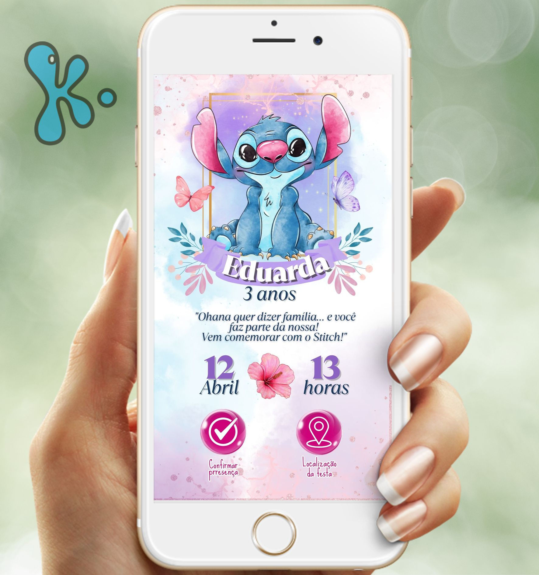 Convite digital Stitch com cores tropicais, texto personalizável e botões interativos