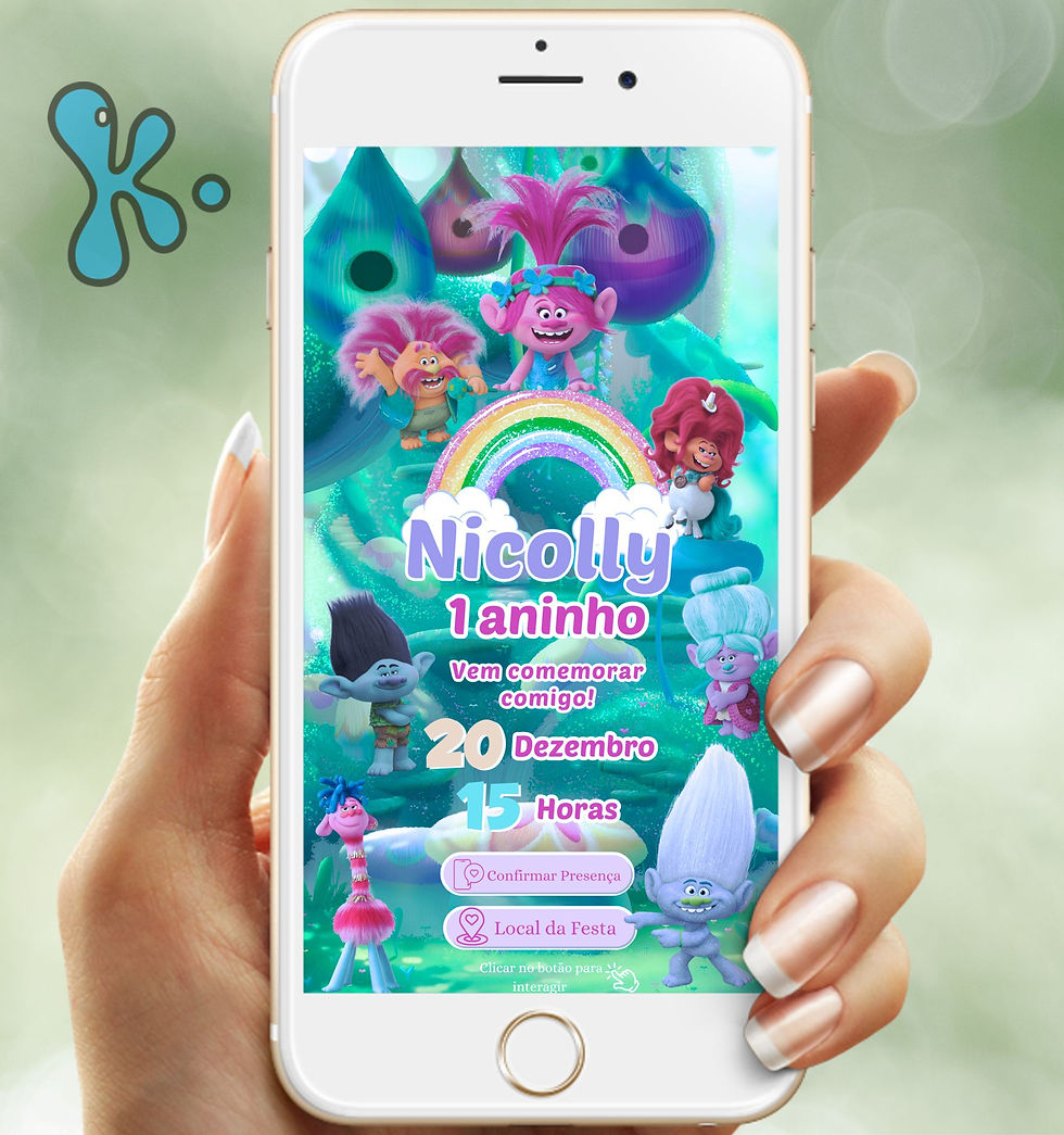 Convite digital Trolls com personagens coloridos, links interativos e formato PDF