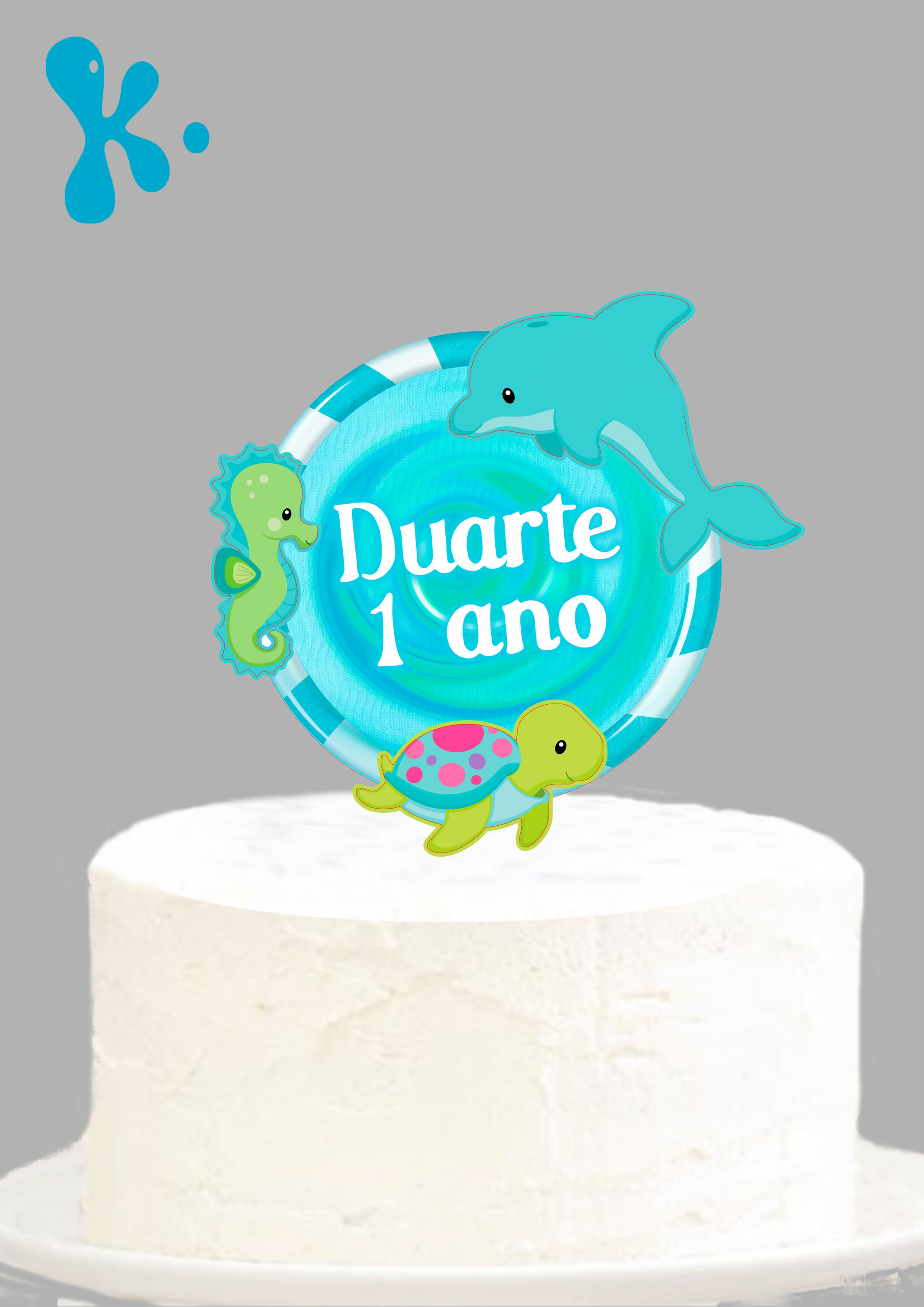 Topo de bolo personalizado fundo do mar com golfinho, tartaruga e nome.