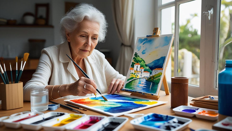 Mulher idosa pintando aquarelas de paisagens portuguesas