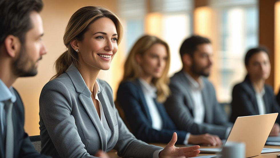Mulher confiante a falar numa reunião de trabalho, simbolizando superação do medo da desaprovação no ambiente profissional.