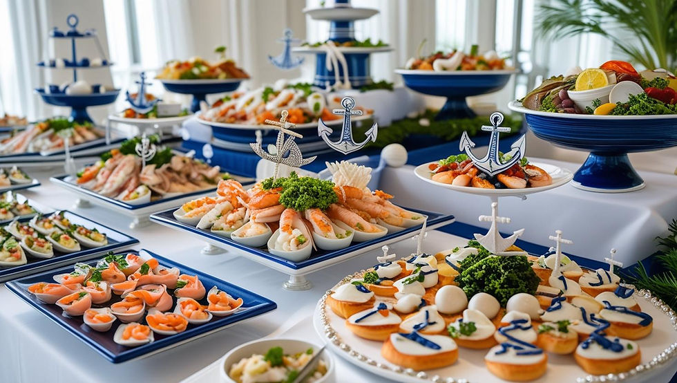 Elegante mesa de buffet de batismo com tema náutico, com aperitivos de frutos do mar frescos, pratos de inspiração marítima, travessas azuis e brancas, decoração de mesa náutica, apresentação sofisticada de alimentos com guarnições temáticas de âncoras, decoração de cozinha costeira