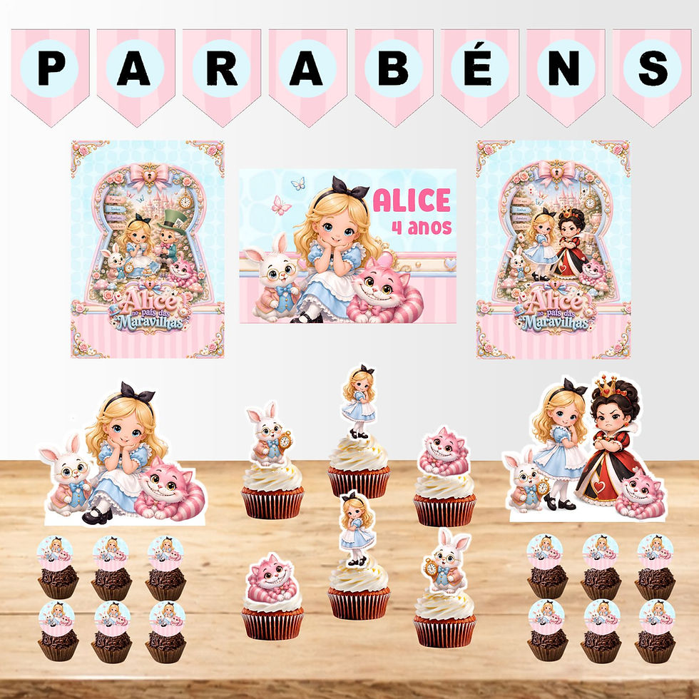 Mini Kit Festa Alice no País das Maravilhas com cartazes, bandeirola, toppers e figuras personalizadas