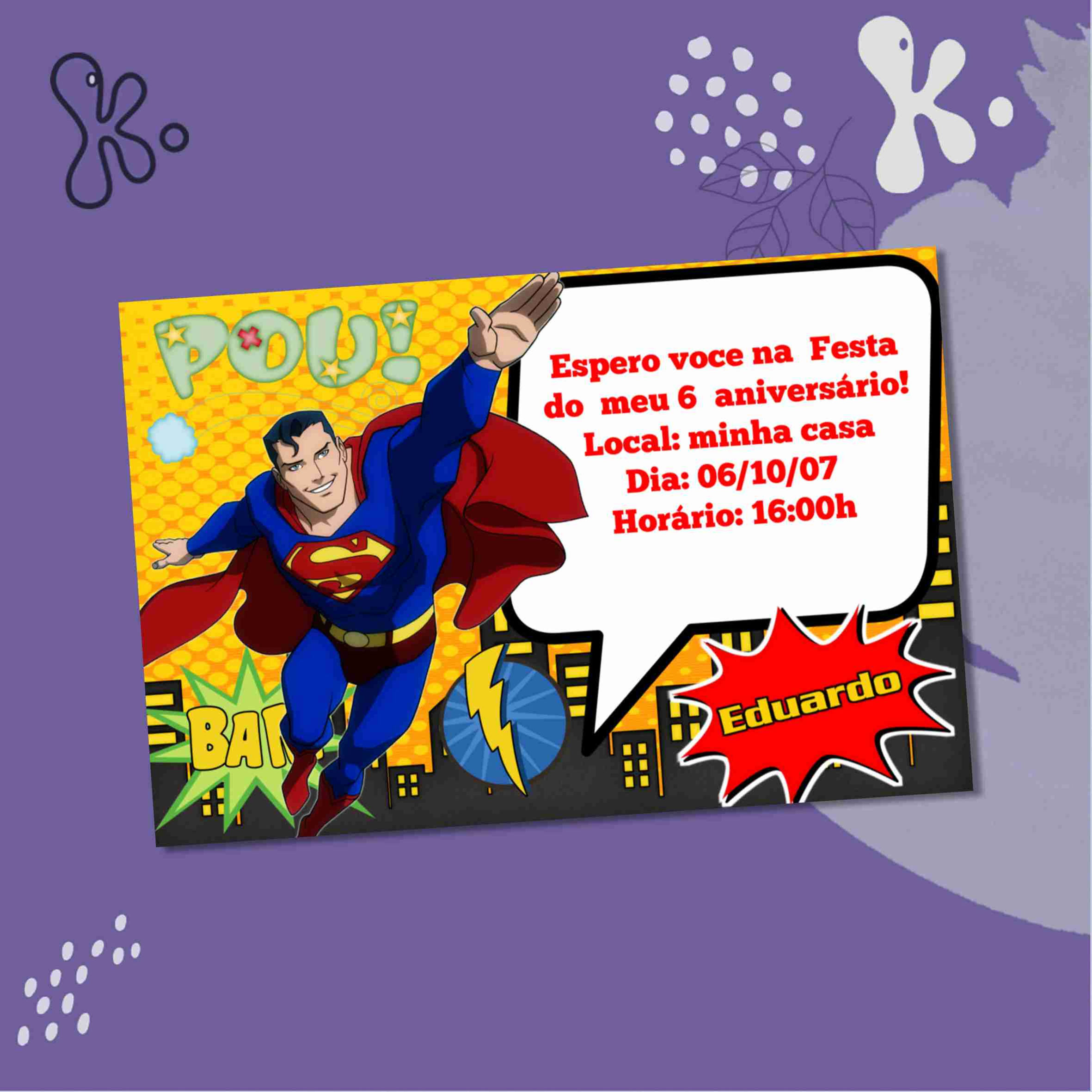 Convite digital Super-Homem personalizado com nome, idade e dados da festa. Arte aprovada, envio rápido e opção de impressão
