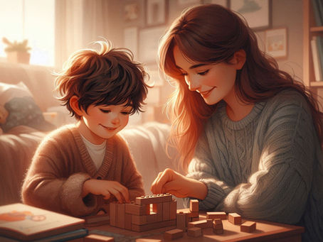 Ilustração de uma mãe sentada com o filho pequeno, ambos a brincar com blocos de construção num ambiente acolhedor. A mãe observa com carinho e atenção, transmitindo uma ligação emocional forte e apoio no desenvolvimento do filho. A cena sugere afeto, presença e compreensão no relacionamento entre mãe e filho rapaz.