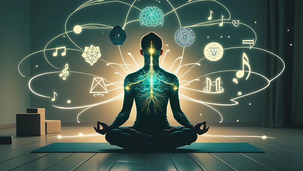 uma cena de meditação pacífica com uma pessoa sentada em posição de lótus, sua silhueta preenchida com um cérebro brilhante mostrando redes neurais ativas