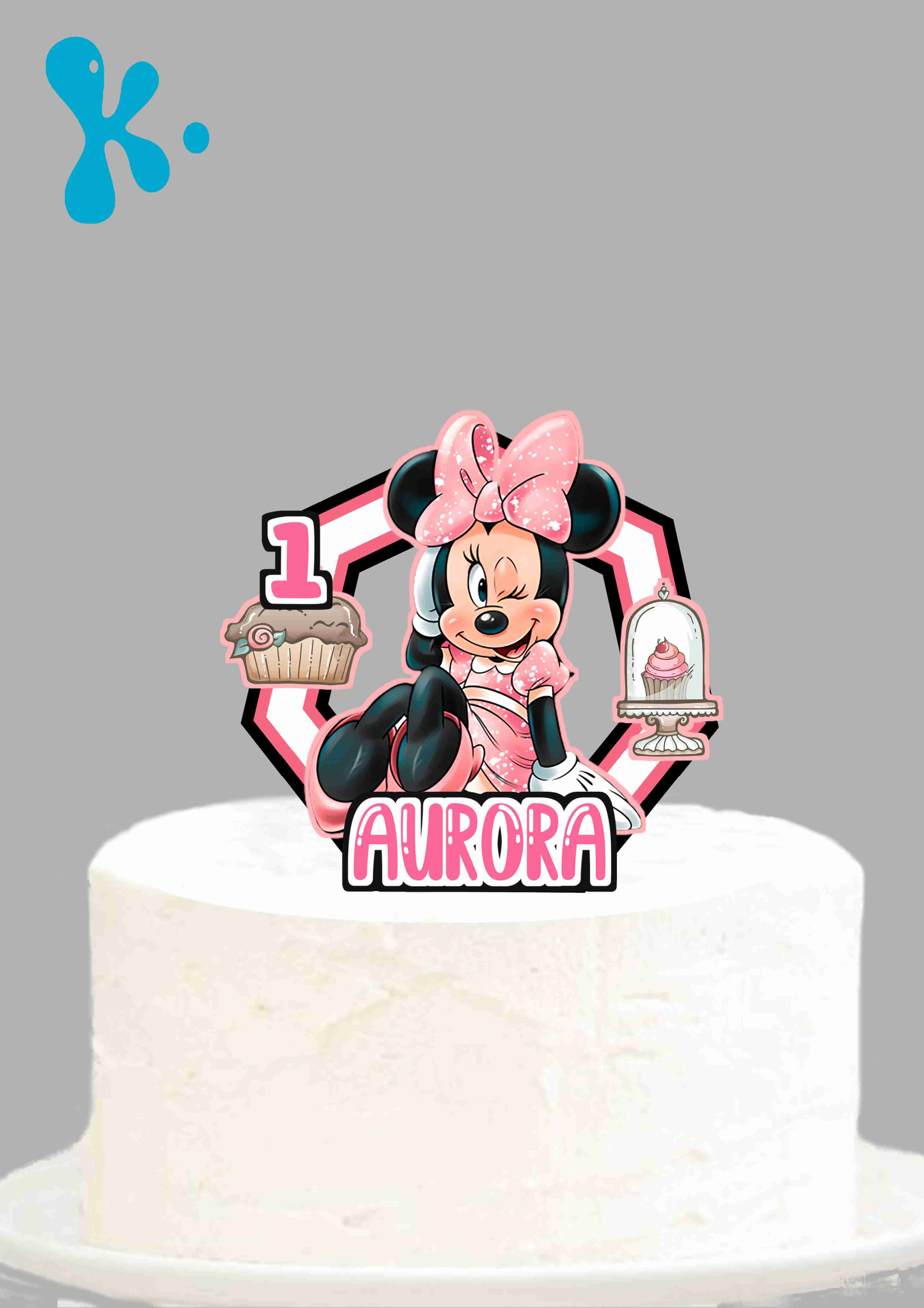 Topo de bolo Minnie confeitaria personalizado com nome e idade para festa infantil.