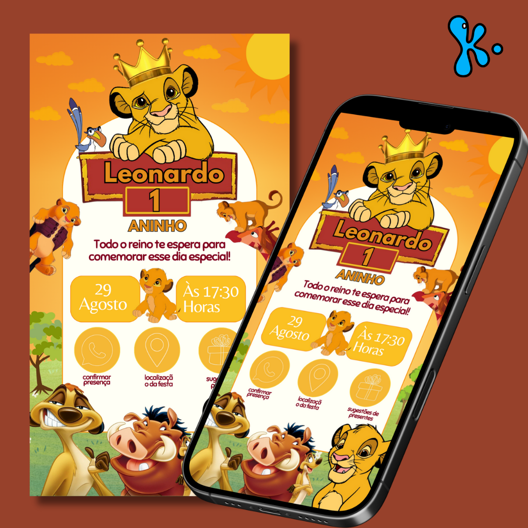 Convite digital Rei Leão com Simba, Timão e Pumba, em PDF com links e opção de impressão