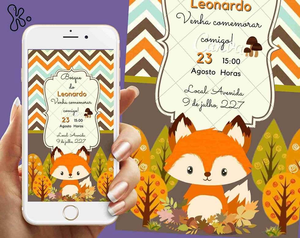 Convite Digital Raposinha com fundo colorido e raposa fofa, ideal para aniversários infantis com tema bosque ou floresta.