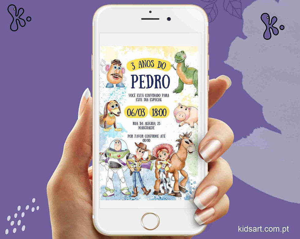Convite Digital Toy Story com ilustração aquarela de personagens como Woody, Buzz e Jessie, personalizado para festa
