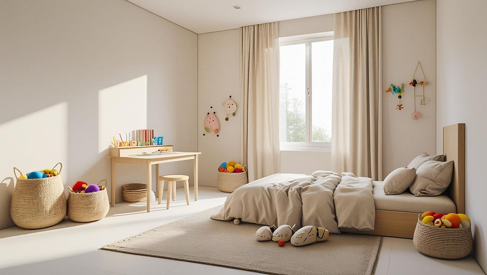 Quarto infantil minimalista com cama simples, poucos brinquedos organizados em cestos de fibra natural, secretária pequena para estudos, decoração suave e muito espaço livre para brincar. Ambiente funcional mas acolhedor para crianças.