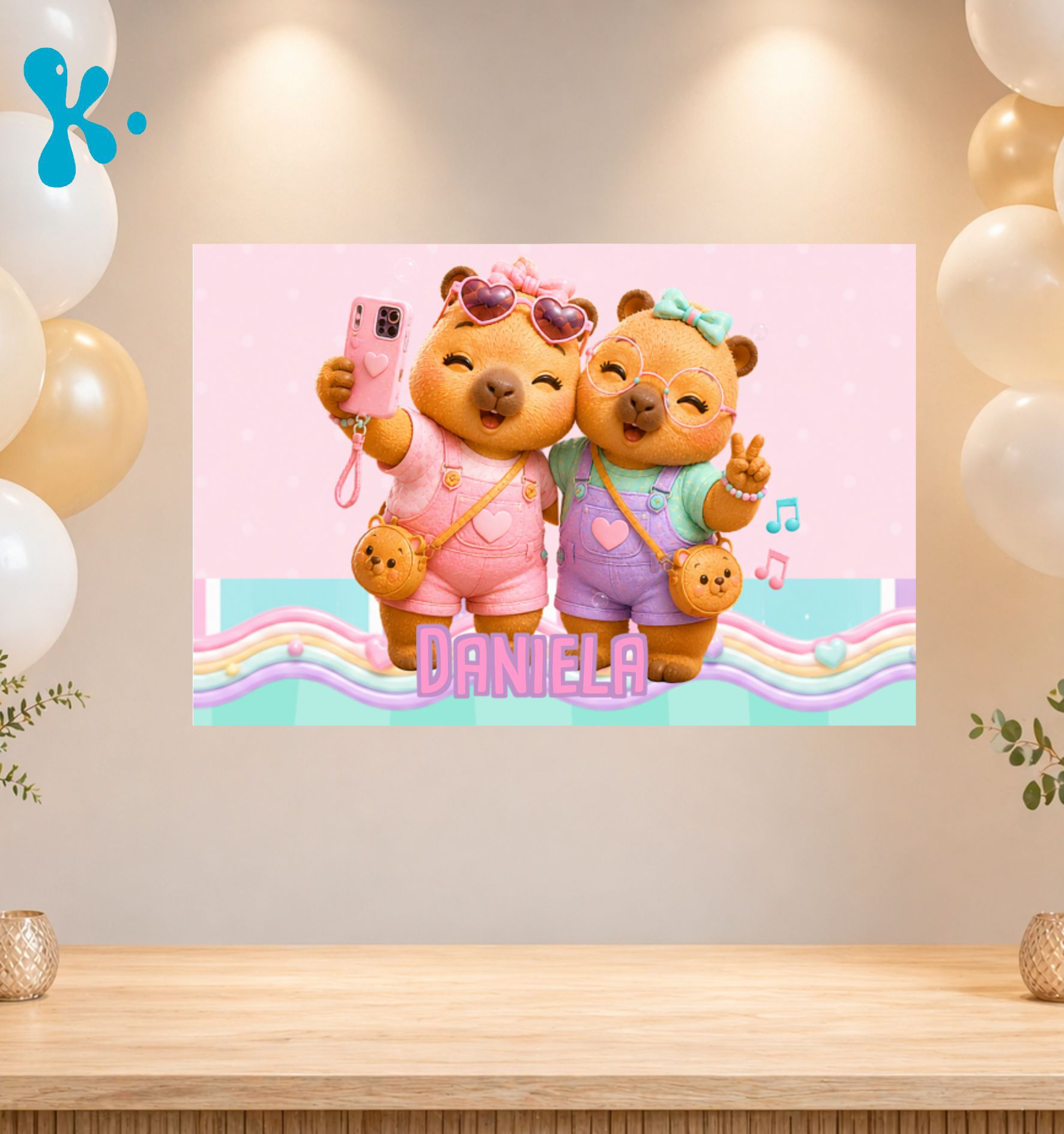 Cartaz Personalizado Capivaras com duas capivaras em tons pastel para festa infantil