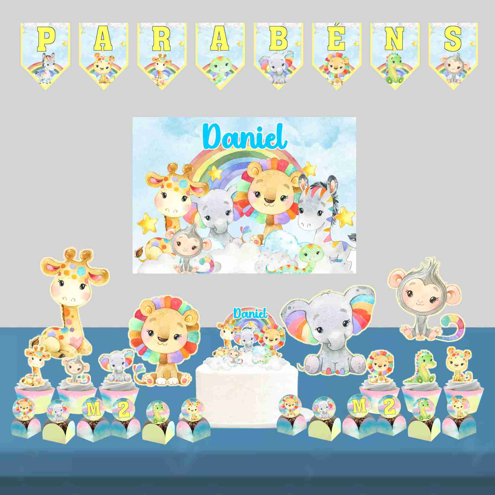 Kit Só Um Bolinho 1 Safari Arco-íris azul