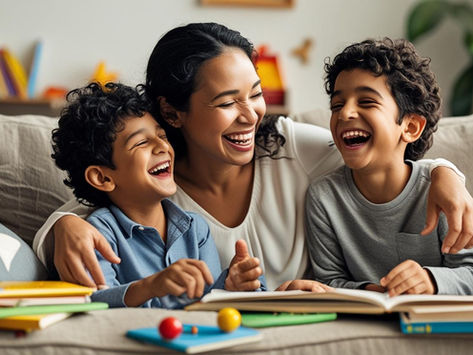 Um momento familiar caloroso e sincero que mostra uma conexão imperfeita, mas genuína - pais e filhos rindo juntos no sofá