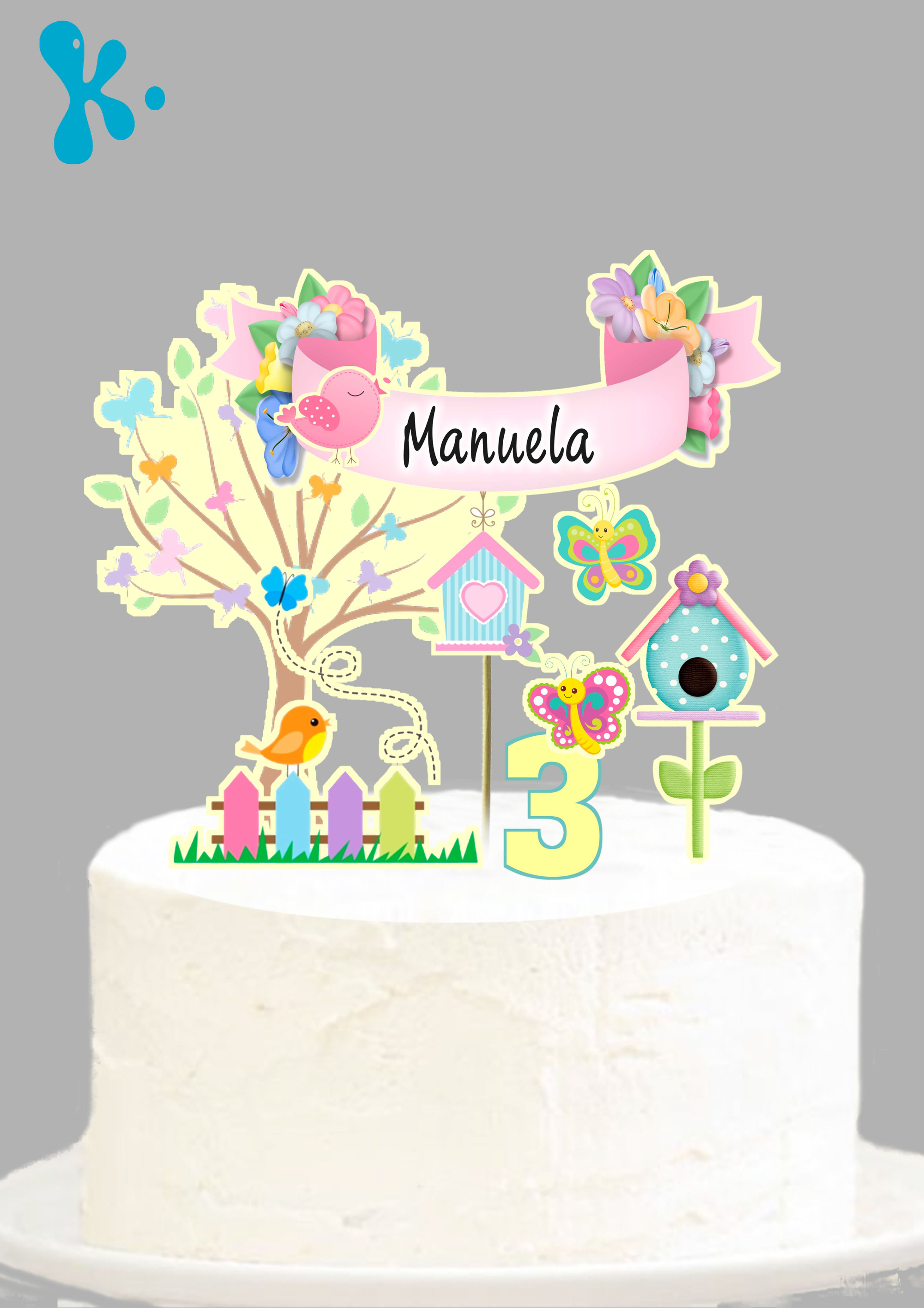 Topo de bolo jardim personalizado com nome e idade para festa infantil.