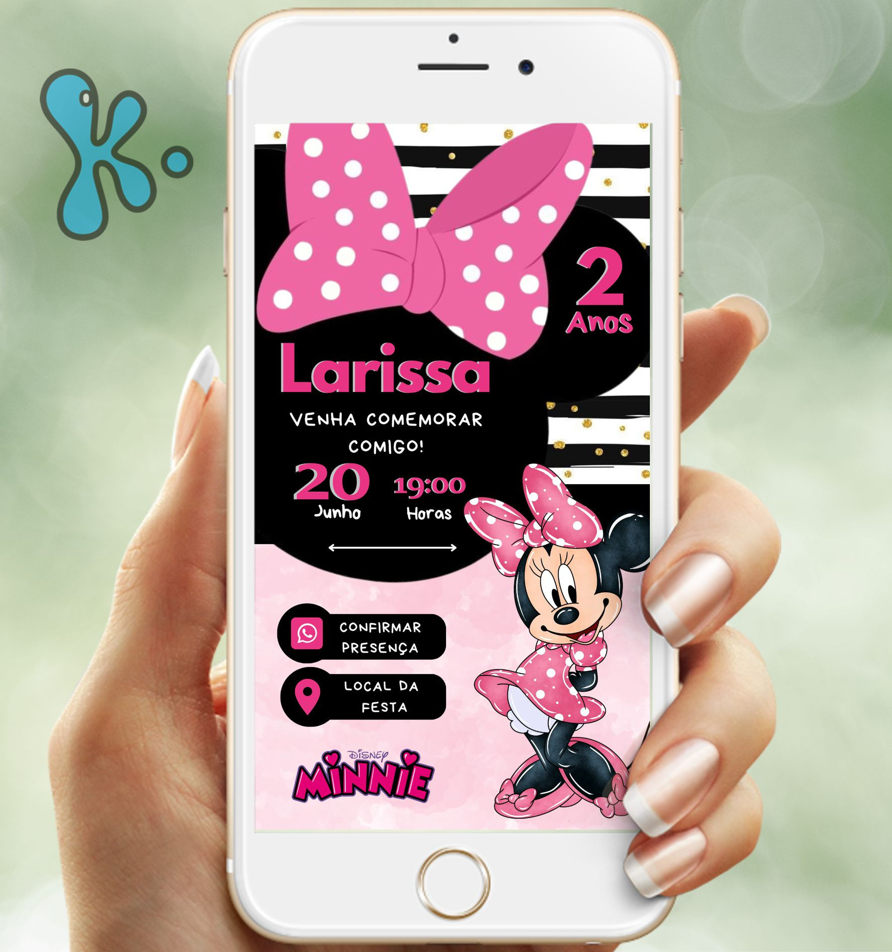 Convite digital Minnie Rosa com fundo preto e branco para festa de anos com links interativos