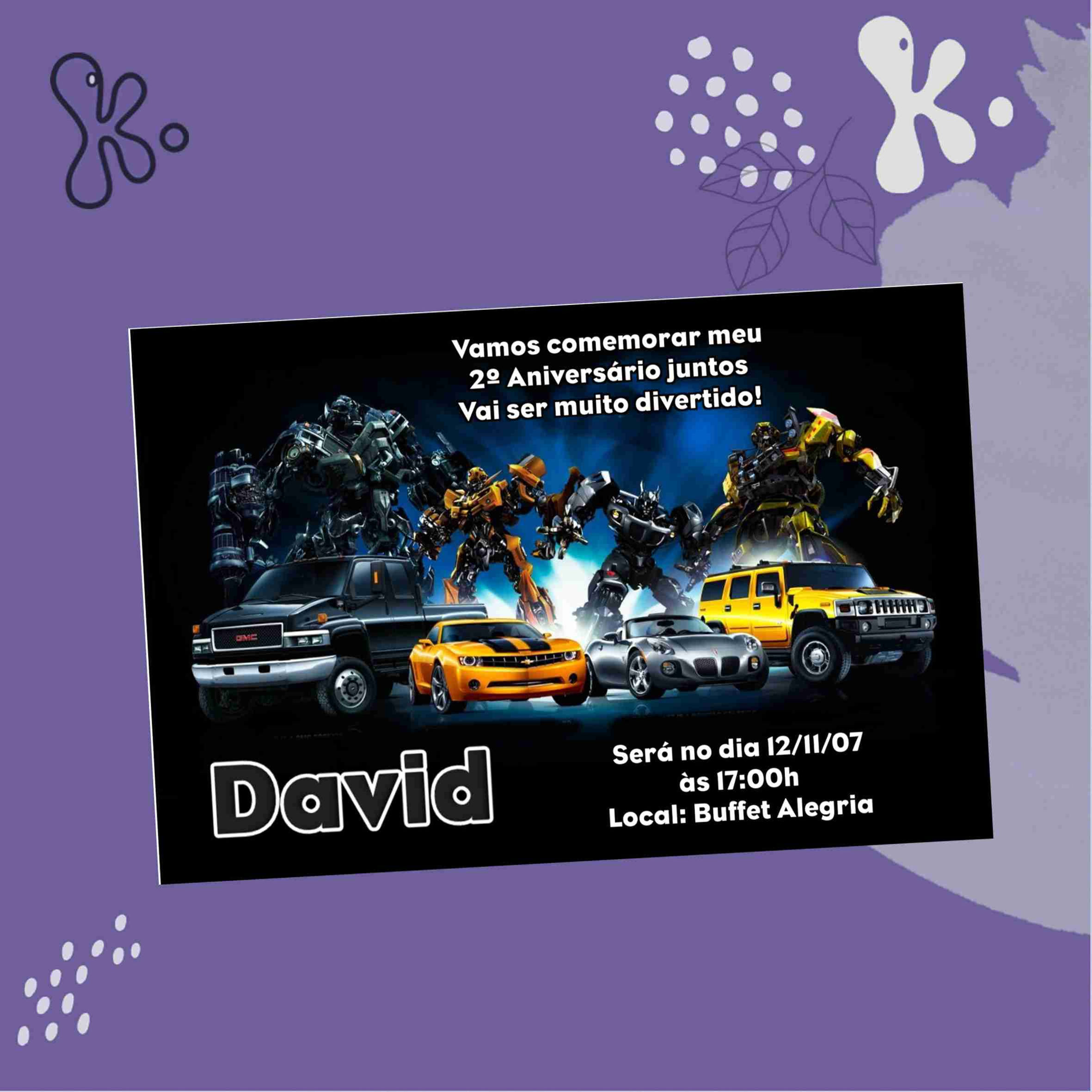 Convite Digital Transformers com robôs e carros do filme, totalmente personalizável para festa infantil