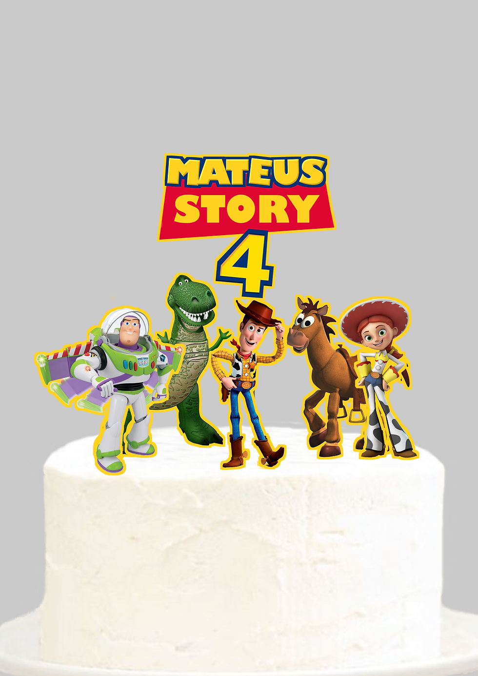 Topo de bolo personalizado Toy Story 4 com personagens e nome Mateus