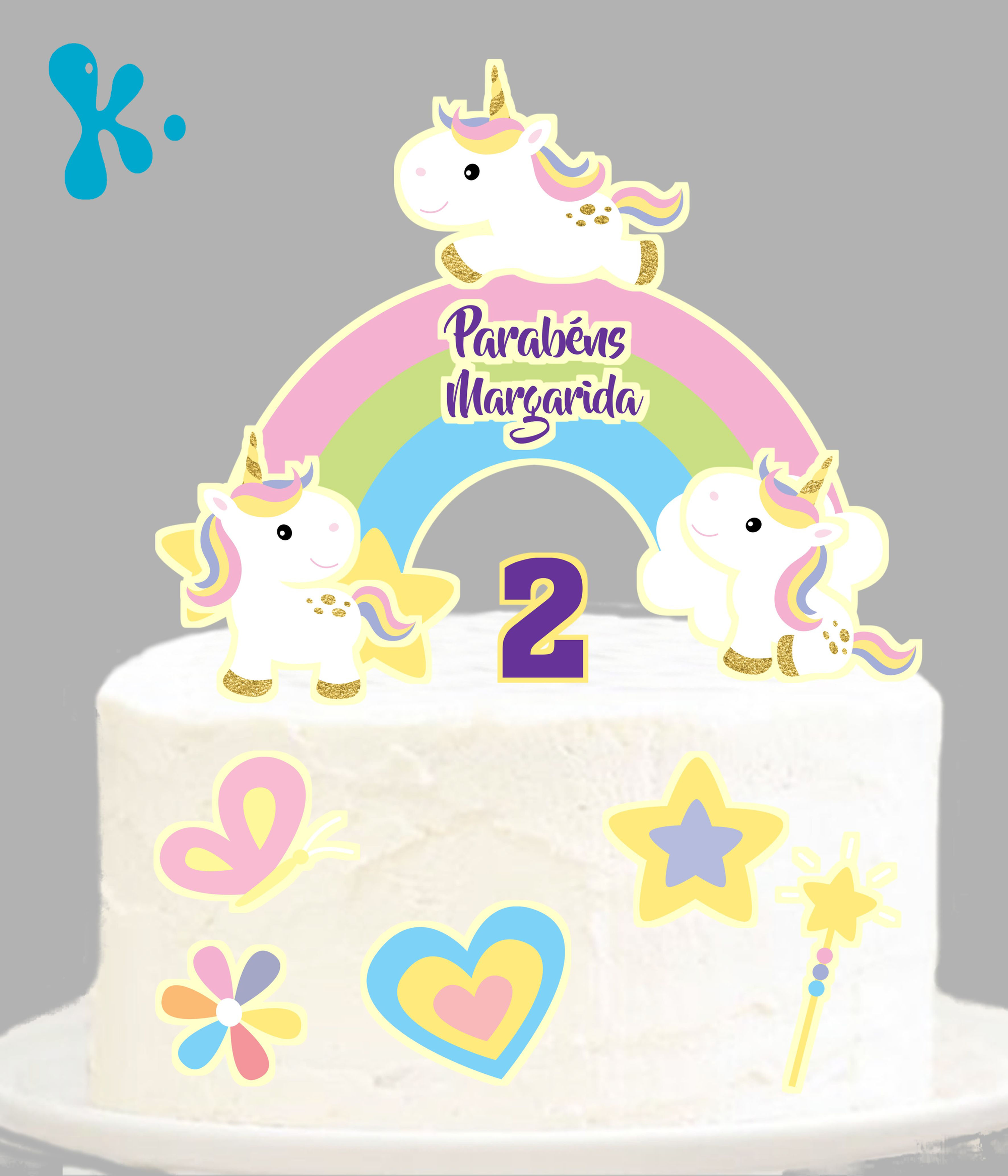 Topo de bolo com unicórnios, arco-íris e nome personalizado.