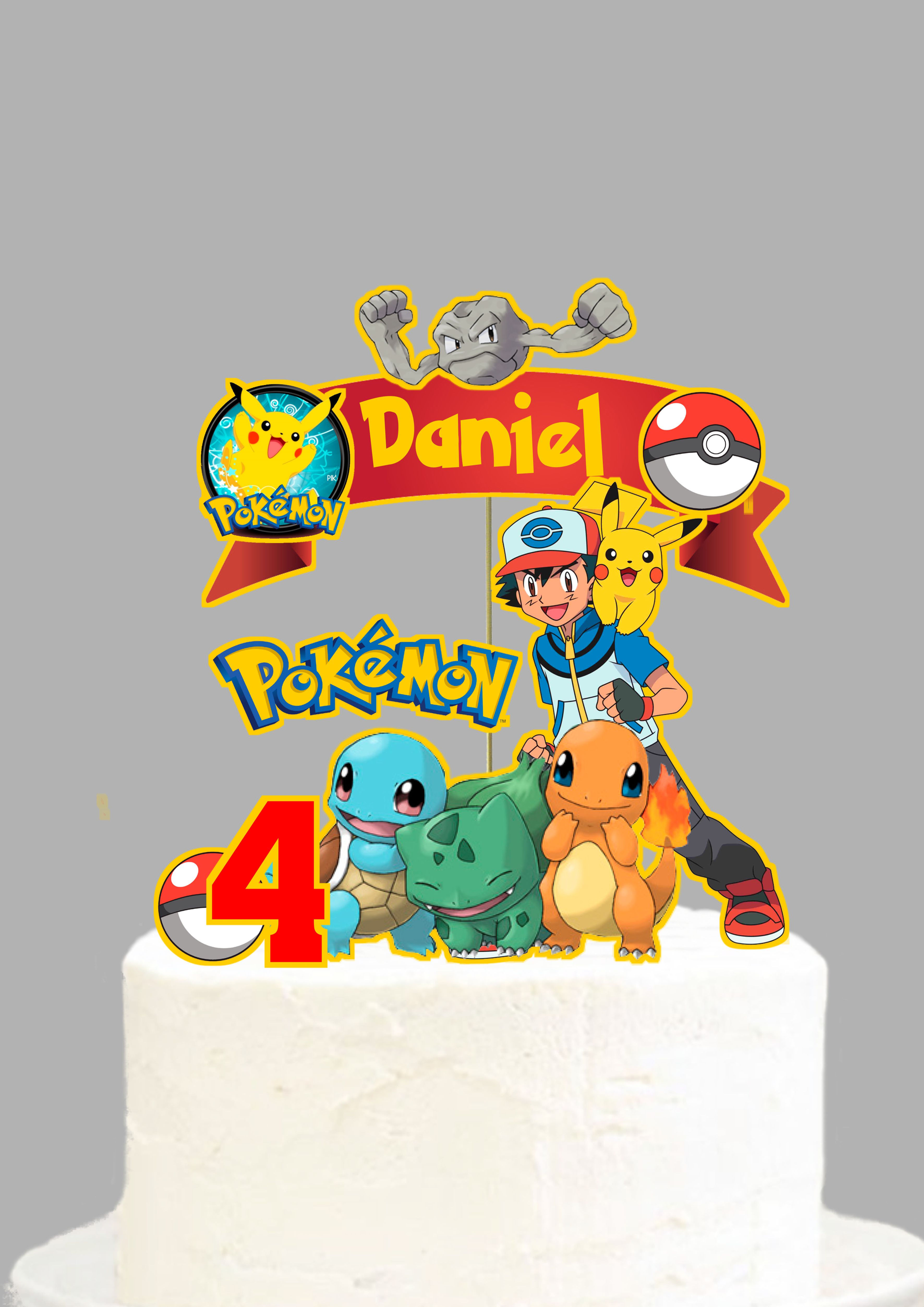 Topo de bolo personalizado Pokémon com nome e idade, ideal para festa infantil.