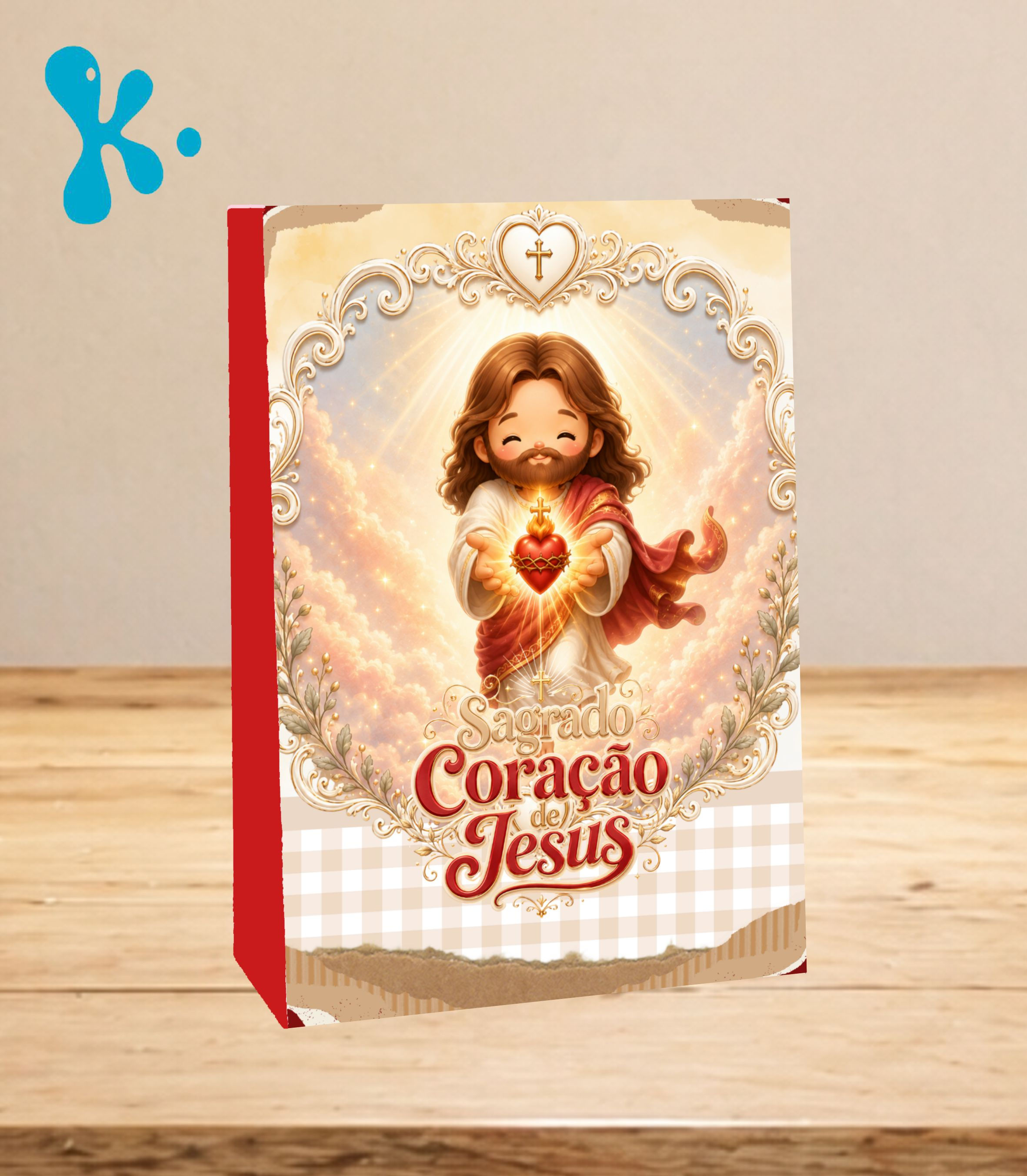 Saco lembrança personalizado Sagrado Coração de Jesus com Jesus, coração luminoso, cruz e detalhes dourados.