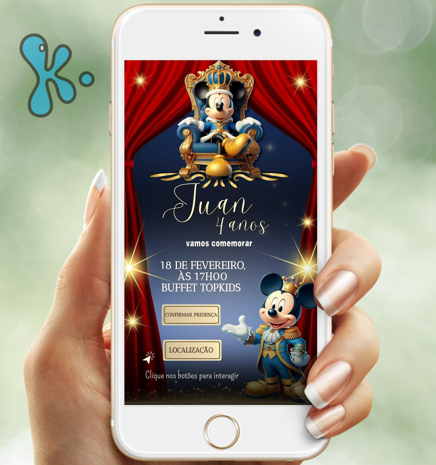Convite digital Mickey Realeza com trono dourado e botões interativos personalizados