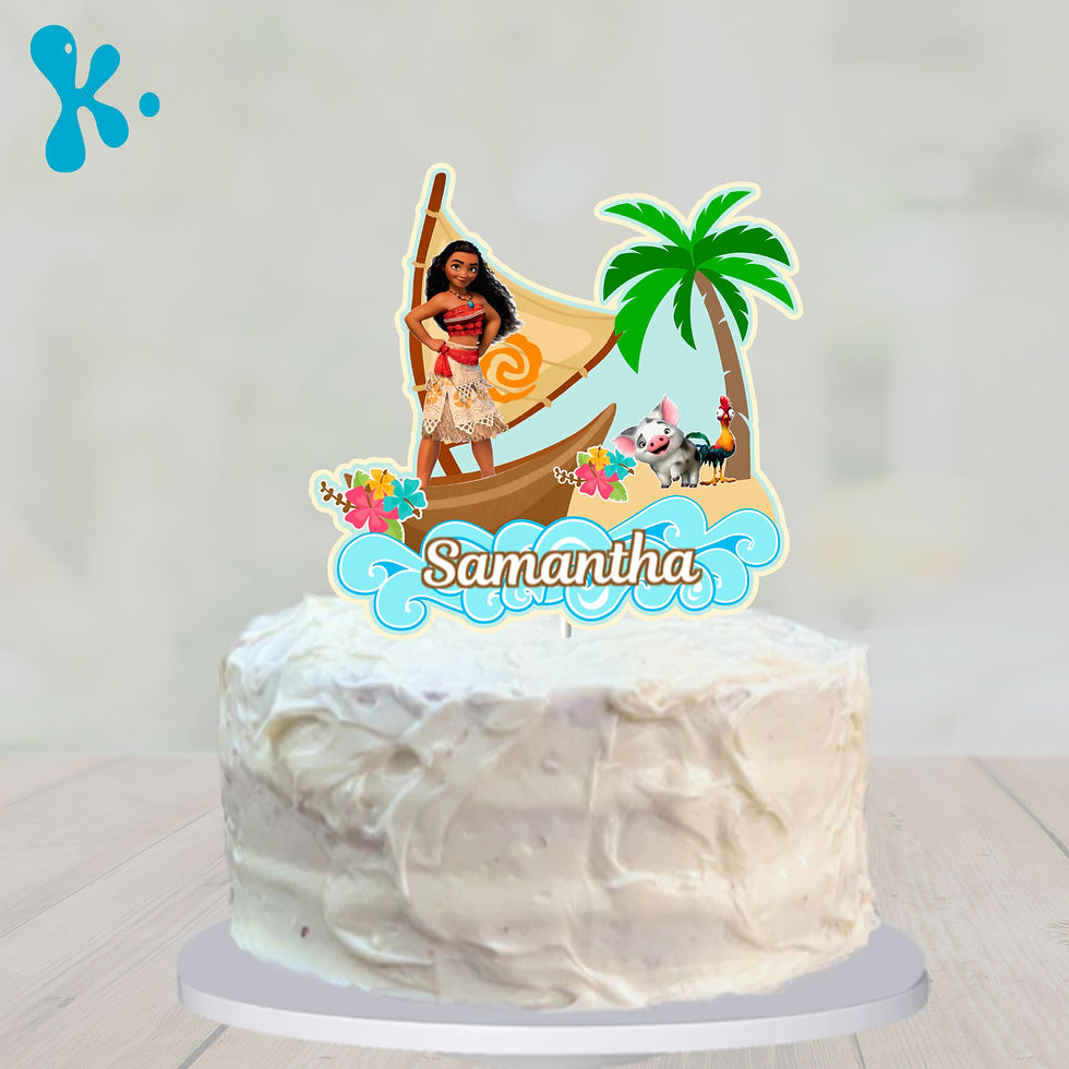 Topo de bolo Vaiana com barco, palmeira, flores tropicais, Pua, Hei Hei e ondas azuis com nome Samantha.