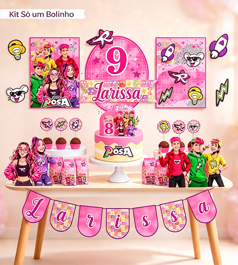 Kit Só um Bolinho 2 Os Rosa com cartazes, topo de bolo, bandeirola, caixas, toppers e figuras decorativas.