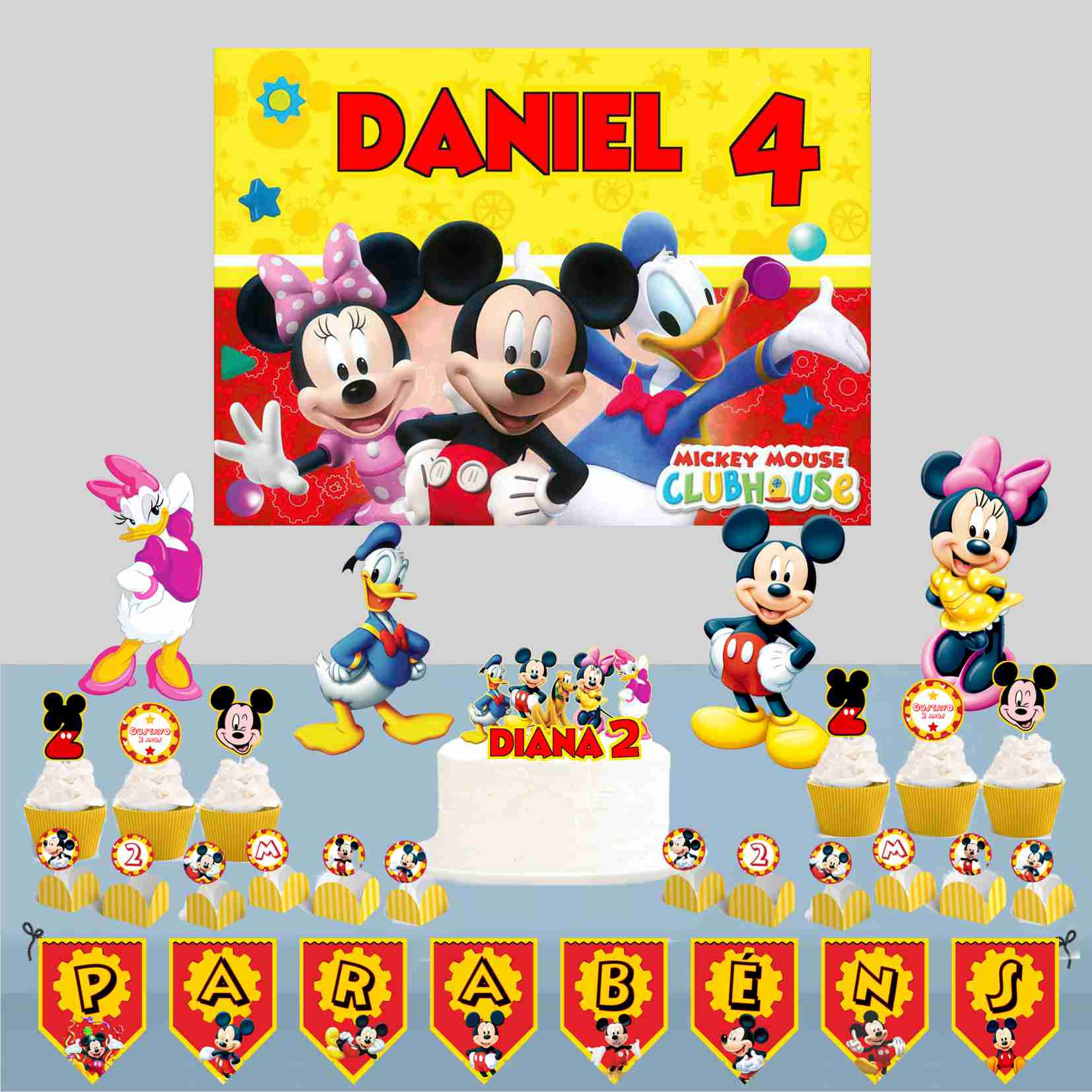Kit de Festa Mickey e Amigos com painel e decoração infantil temática Disney.