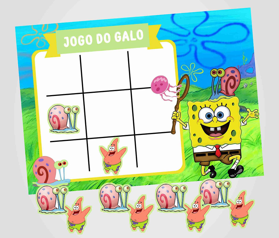 Jogo do galo personalizado SpongeBob com Gary e Patrick em tabuleiro subaquático infantil.