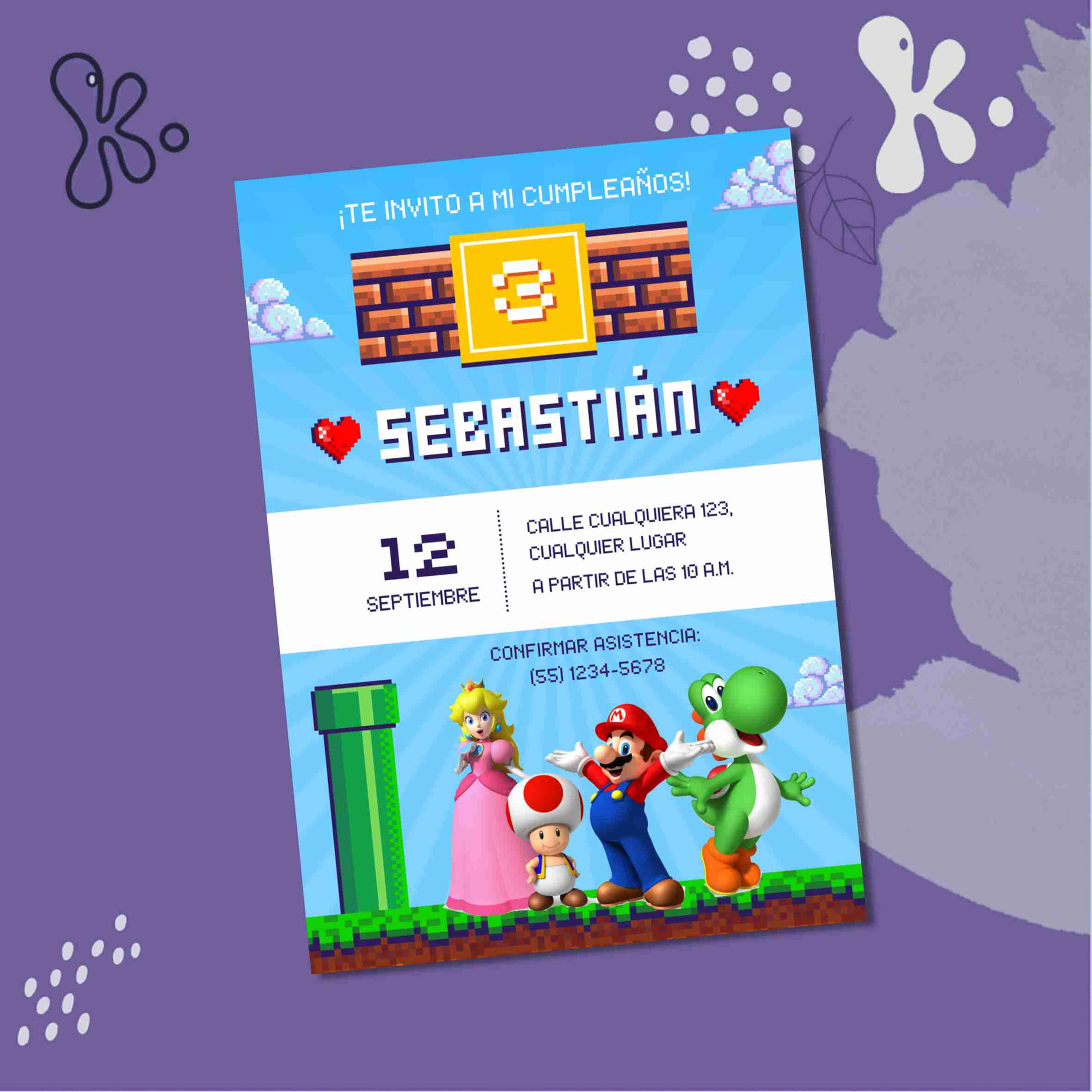 Convite Digital Super Mario Pixel – Festa Infantil com Tema de Videojogo