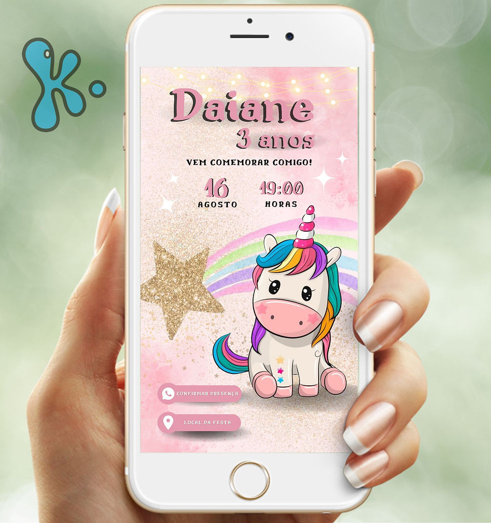 Convite digital unicórnio rosa com glitter, arco-íris e links interativos em PDF