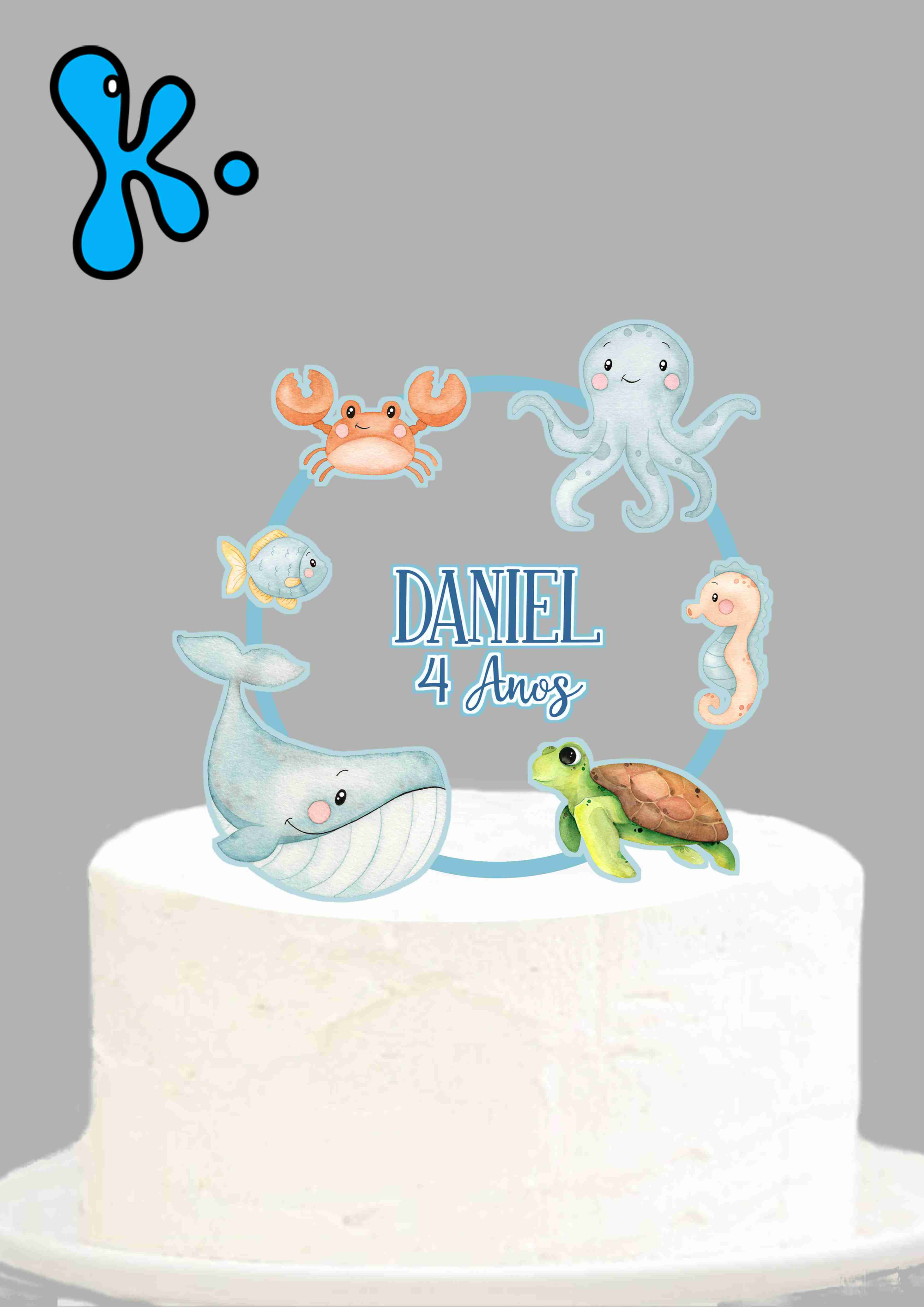 Topo de bolo personalizado fundo do mar com animais marinhos, nome e idade.