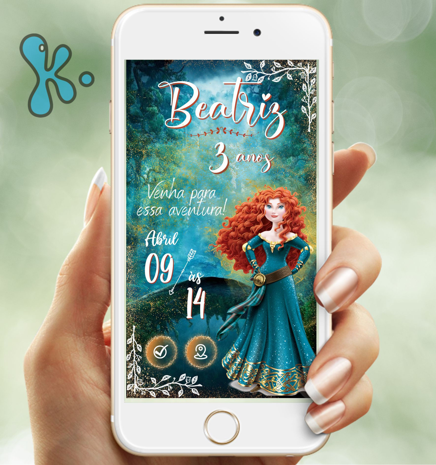 Convite interativo Brave com princesa ruiva, floresta mágica e links clicáveis