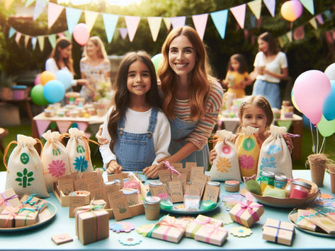 Uma festa infantil alegre e colorida, com uma mesa repleta de lembrancinhas criativas e ecológicas