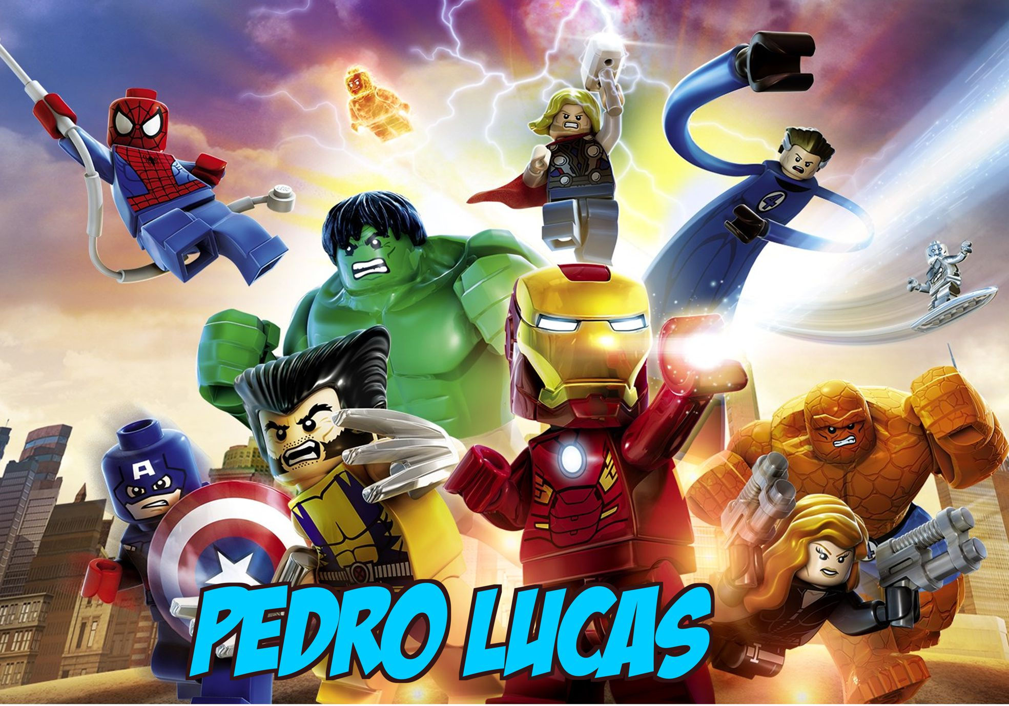 Cartaz LEGO Marvel Super Heroes personalizado com nome Pedro Lucas para decoração de festa infantil
