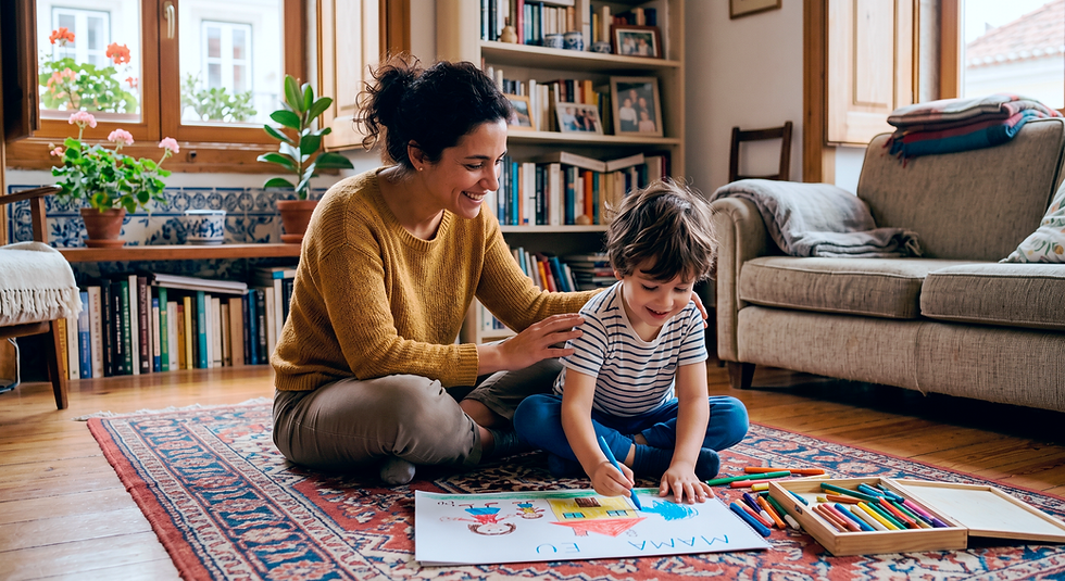 Mãe com filho sensível a desenhar num ambiente calmo e acolhedor, representando crianças arco-íris