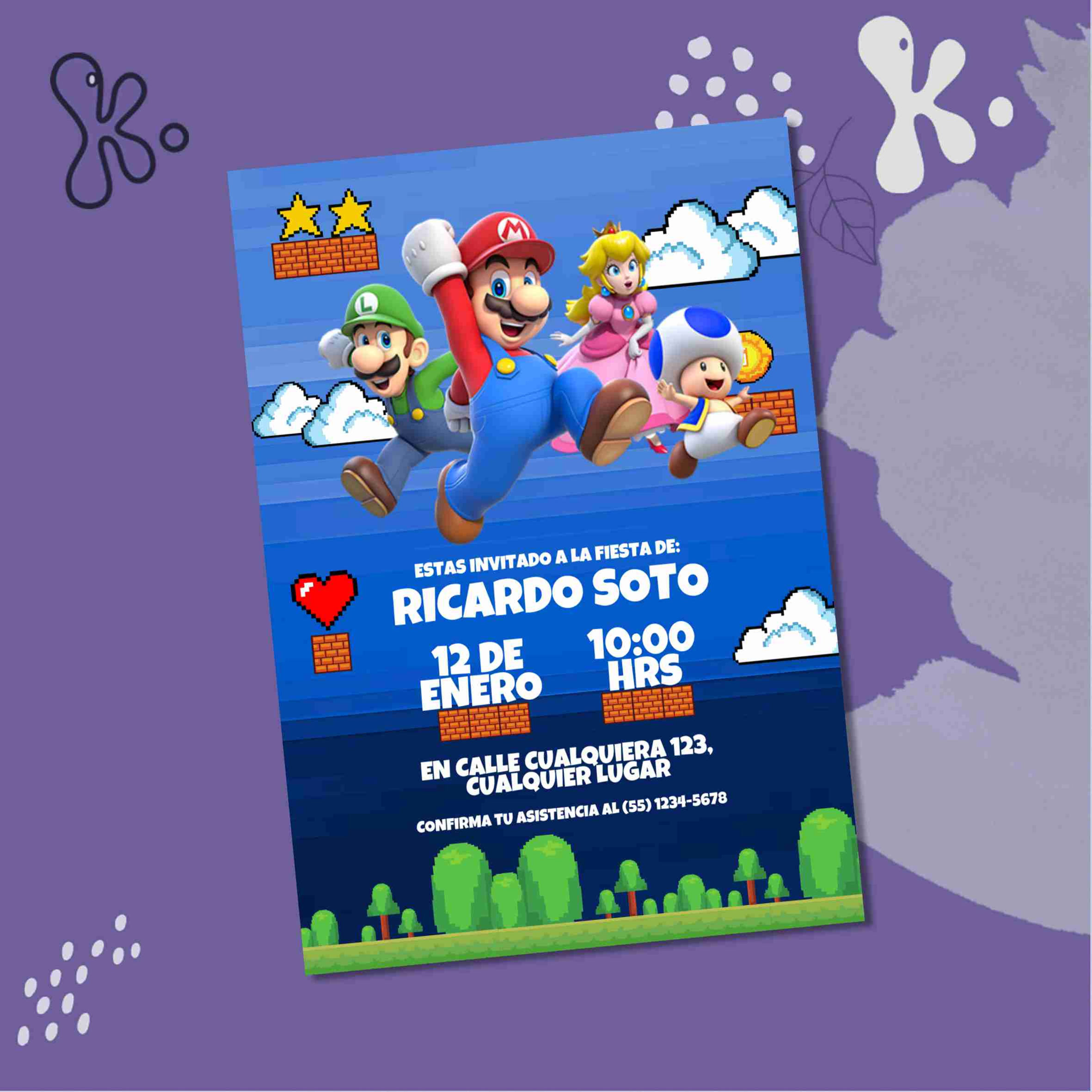 Convite Digital Super Mario Azul – Personalizado para Aniversário Infantil