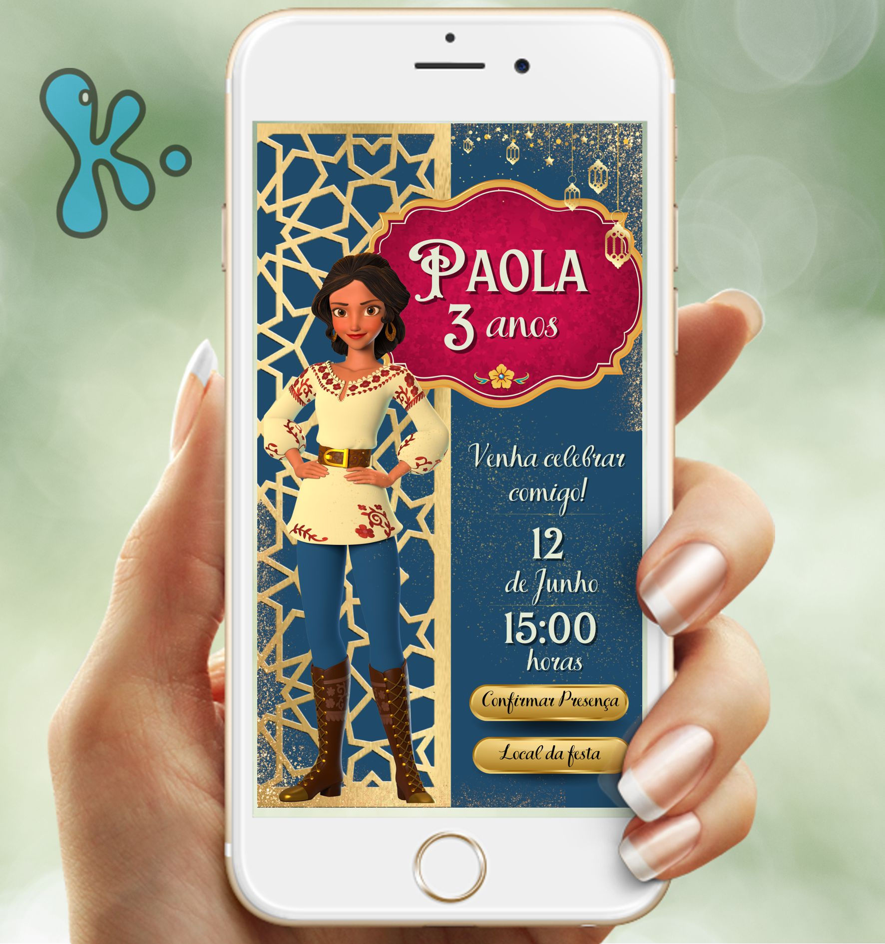 Convite Interativo Elena de Avalor com traje azul, fundo dourado e links de presença