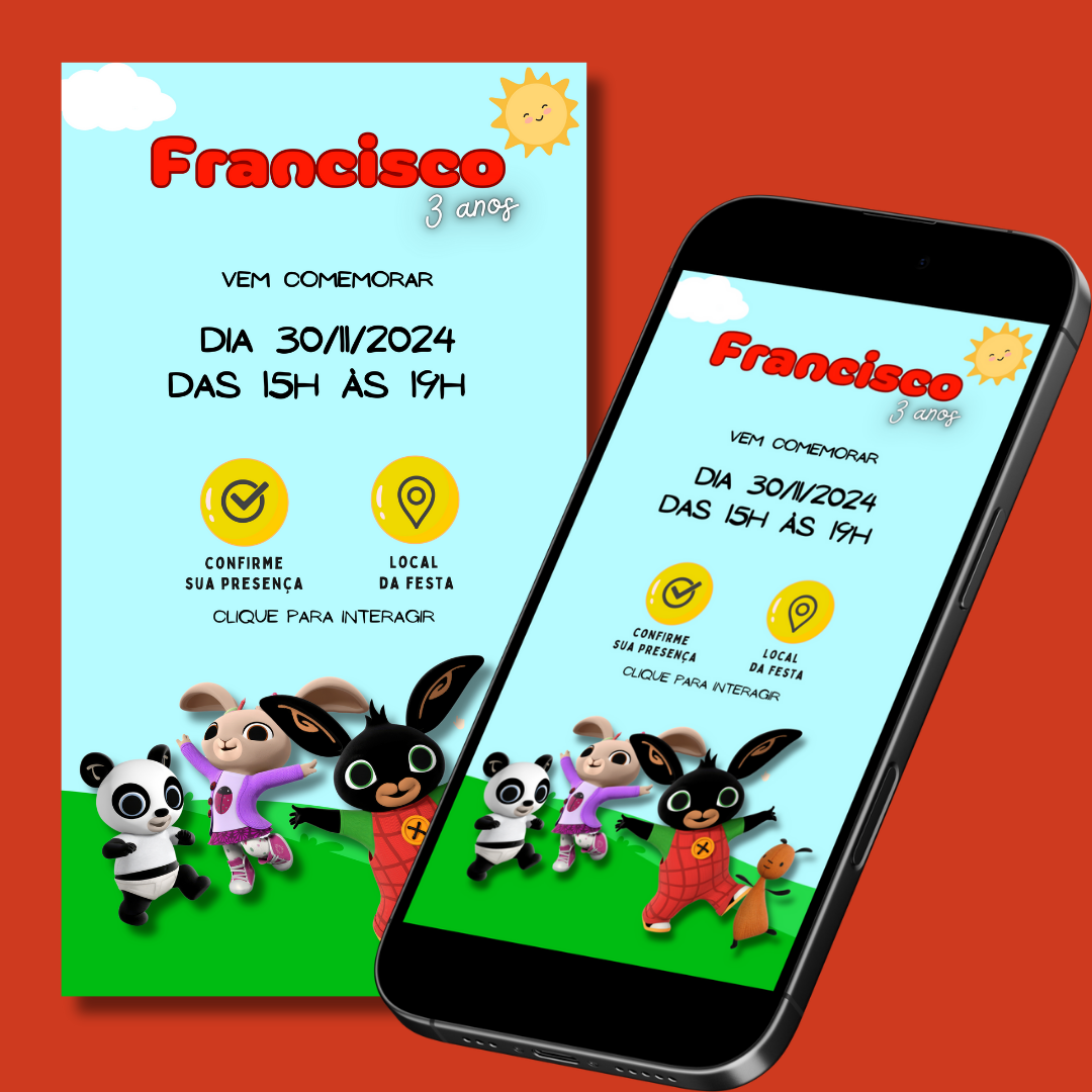 Convite interativo Coelho Bing com personagens coloridos em PDF, links clicáveis e pronto a imprimir