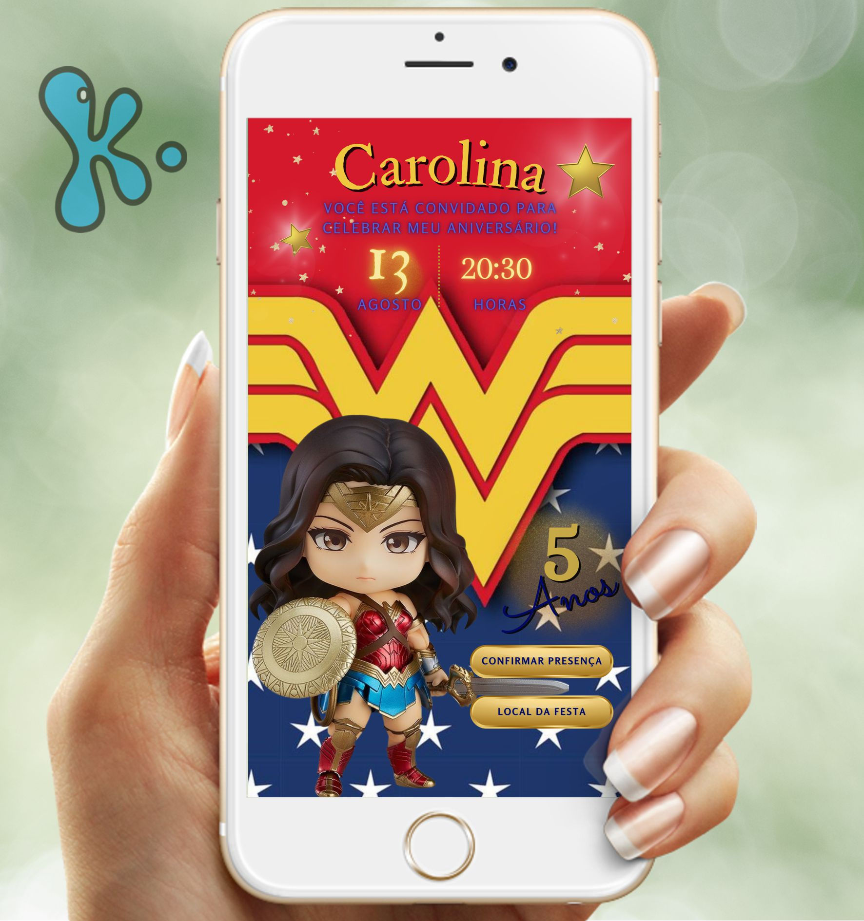 Convite digital Mulher Maravilha com escudo, fundo vermelho e azul, personalizado em PDF