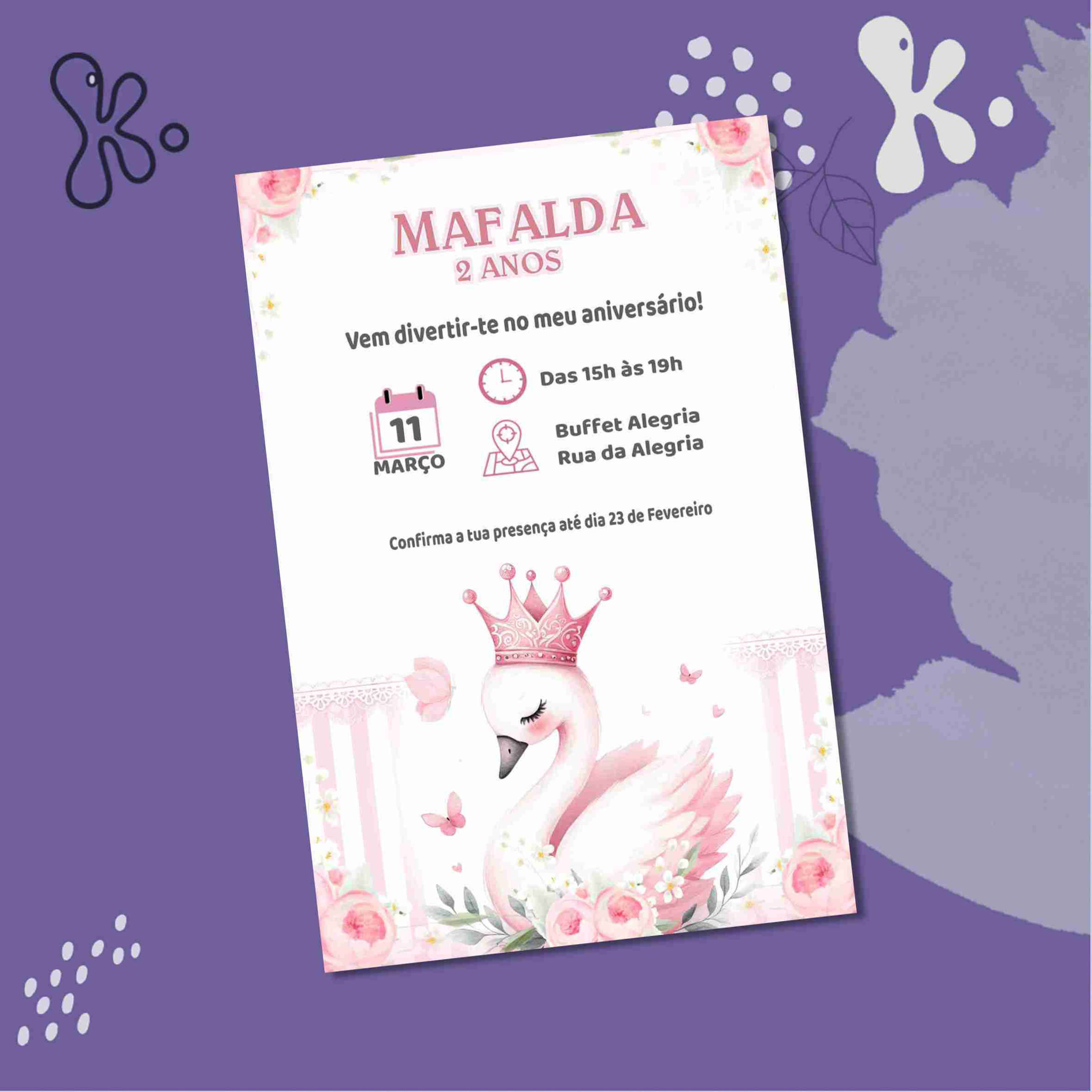 Convite Digital Cisne com Coroa – Personalizado para Festa Infantil Encantada
