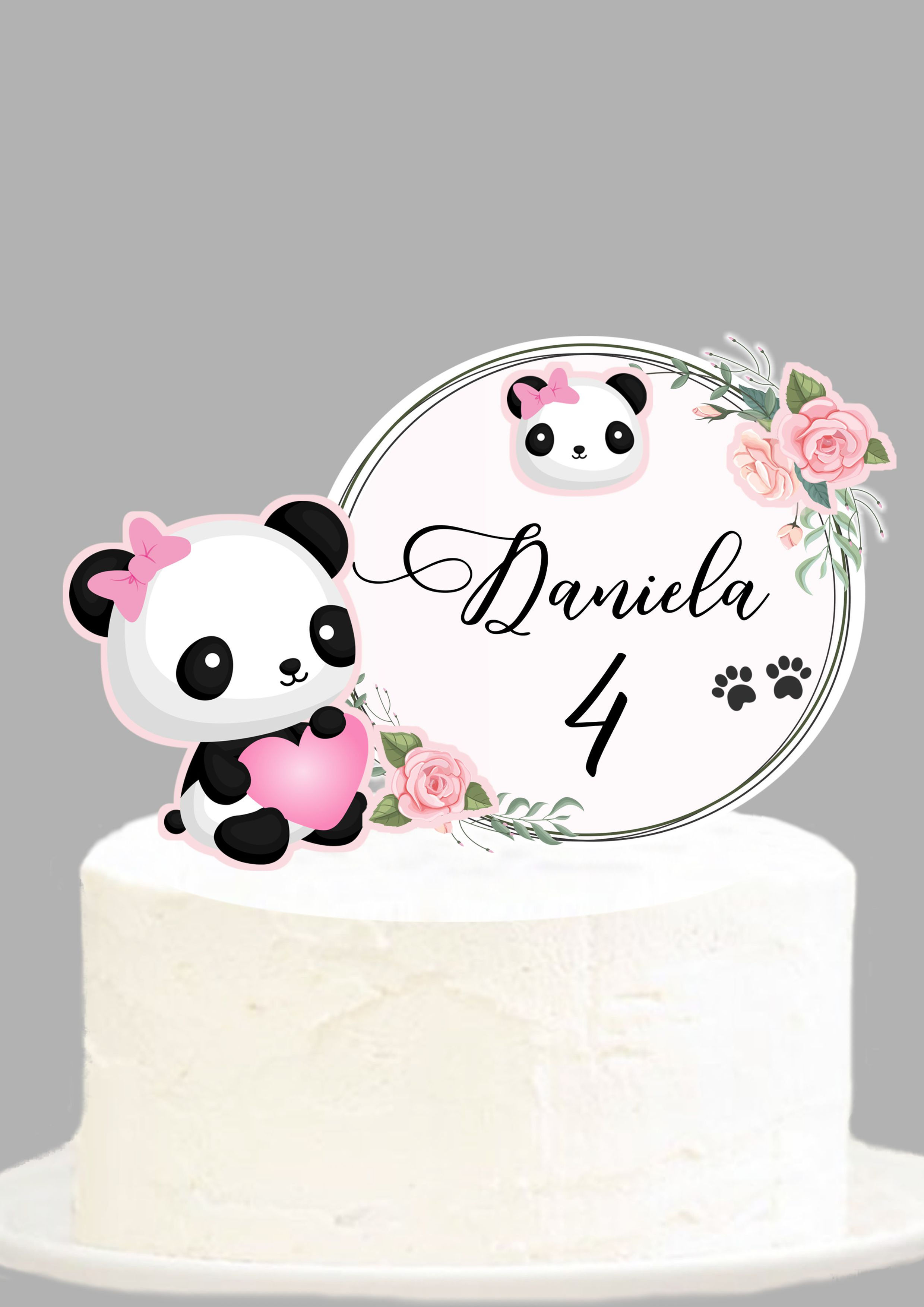 Topo de bolo panda menina personalizado com nome e idade para festa infantil.